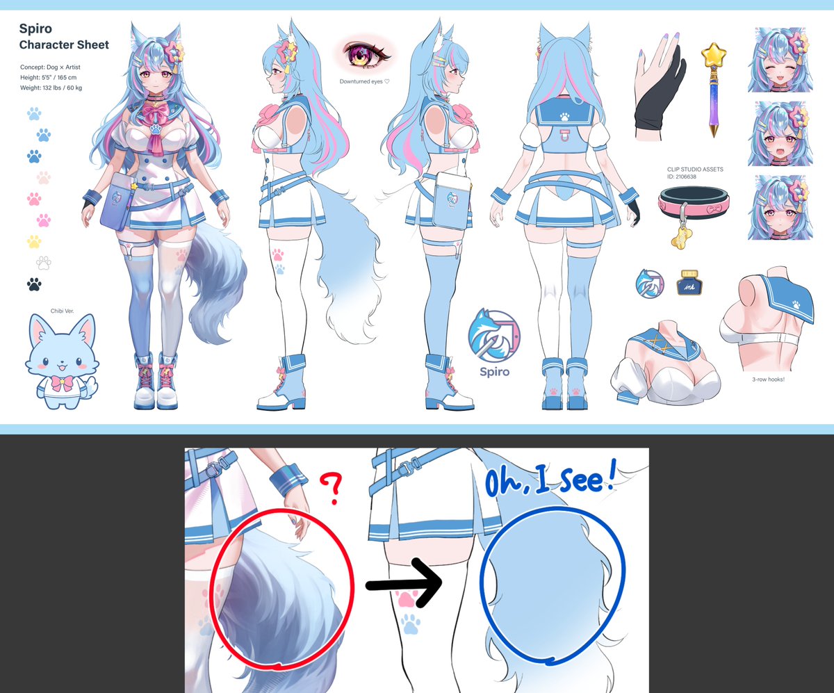 supirou2052's tweet photo. Example:
In the shaded front view, it’s unclear whether the light area on the tail is a highlight or white fur. The flat-color side view shows that only the tip is white—the rest is light blue. https://t.co/mo0aHLfc0g