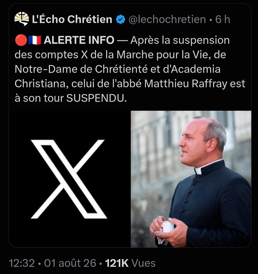 LeContempIateur's tweet photo. 🚨🇫🇷✝️ DERNIÈRE MINUTE : Plusieurs comptes catholiques francophones semblent avoir été suspendus sur 𝕏 sans explication. Face à la polémique grandissante, Elon Musk vient de répondre : « Checking. » en commentaire.

Affaire à suivre donc... https://t.co/B9ejohm9Ge