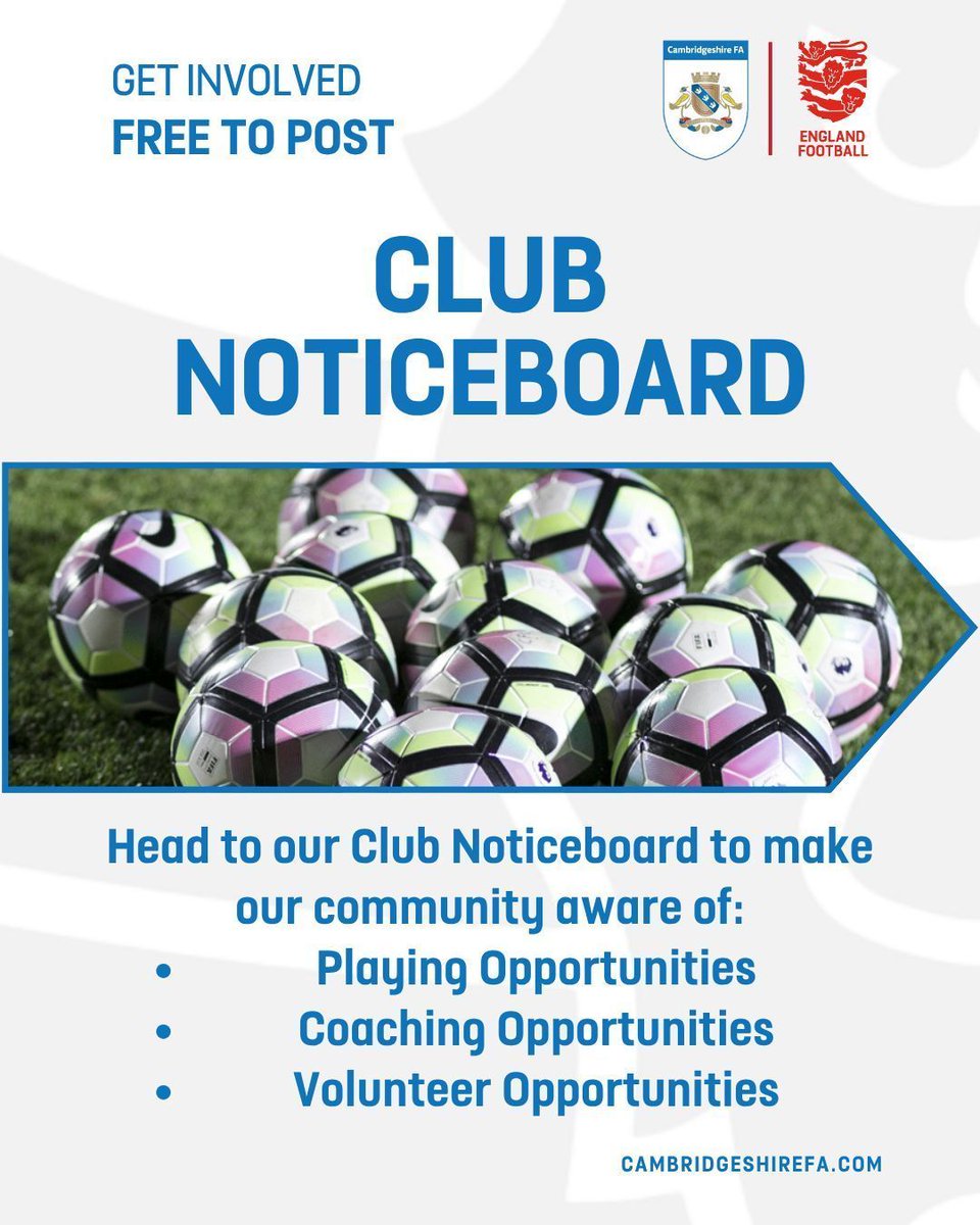 CambsFA's tweet photo. Looking for new players? Need a new coach?

Head to the link below to post any opportunities at your club on our Club Noticeboard! 👇️

https://t.co/xDLtGQ5gRX https://t.co/8Ppr6npqsB