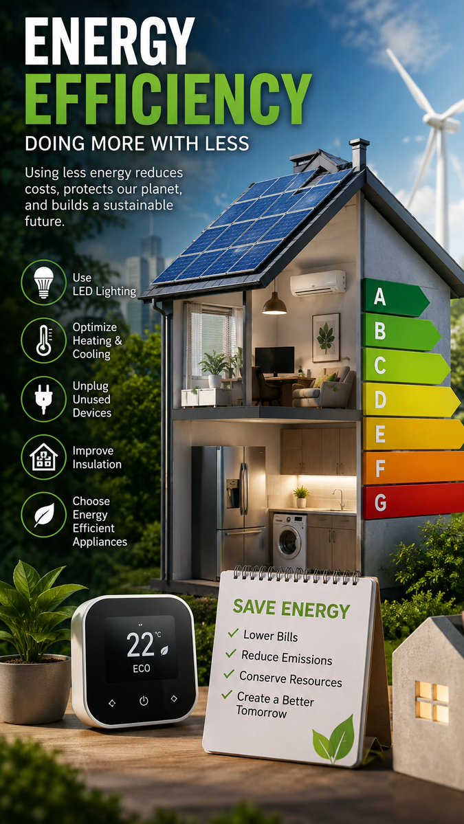 UtyThomas's tweet photo. Energy Efficiency: Saving Energy, Saving Money
Energy efficiency means using less energy to perform the same tasks without sacrificing comfort or productivity. Simple changes such as switching to LED light bulbs, using energy-efficient appliances, improving home insulation, and turning off unused electronics can significantly reduce electricity consumption.

 These practices not only lower utility bills but also reduce greenhouse gas emissions and help conserve natural resources.
Businesses and industries also benefit from energy-efficient technologies by cutting operating costs and increasing productivity. Governments worldwide encourage energy efficiency through building standards, appliance labels, and incentive programs that promote sustainable energy use.

Every small action counts. Choosing public transportation, maintaining vehicles properly, using smart thermostats, and maximizing natural lighting are practical ways to save energy every day. As global energy demand continues to grow, improving energy efficiency is one of the fastest and most cost-effective solutions for combating climate change. By embracing energy-efficient habits today, we can protect the environment, strengthen energy security, and create a cleaner, healthier, and more sustainable future for generations to come.