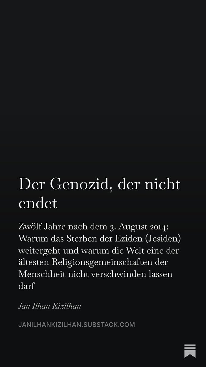 janilkiz's tweet photo. Der Genozid, der nicht endet
Zwölf Jahre nach dem 3. August 2014: Warum das Sterben der Eziden (Jesiden) weitergeht und warum die Welt eine der ältesten Religionsgemeinschaften der Menschheit nicht verschwinden lassen darf

Ein fünfjähriger Junge zeigt auf zwei Frauen und sagt: „Das ist meine Mutter. Und das ist auch meine Mutter."

Wie ein Kind im Genozid an den Jesiden zwei Mütter bekam – und warum dieser Völkermord zwölf Jahre später nicht vorbei ist.
Weiter mein Kommentar:
https://t.co/HLDiswS1ks