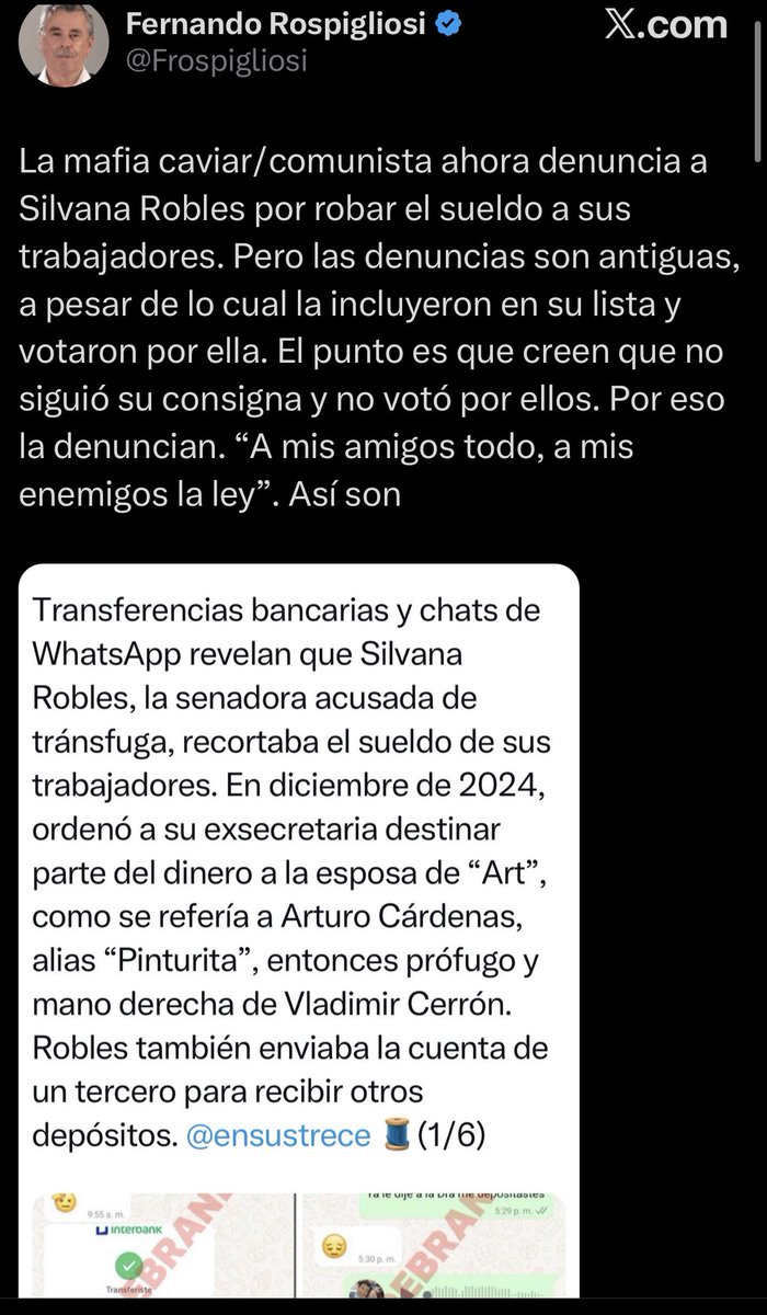 santoschilcano's tweet photo. 1. Se revela que Silvana Robles, de JP, recortaba sueldos a sus trabajadores, mientras compraba depas y autos.
2. El fujimorista Rospigliosi sale a defenderla por tuiter, a pesar de las pruebas.
“Dime quien te defiende, y te diré quién eres”.
Así confirmó que ella es la traidora. https://t.co/Bjlg0Hl7Ah