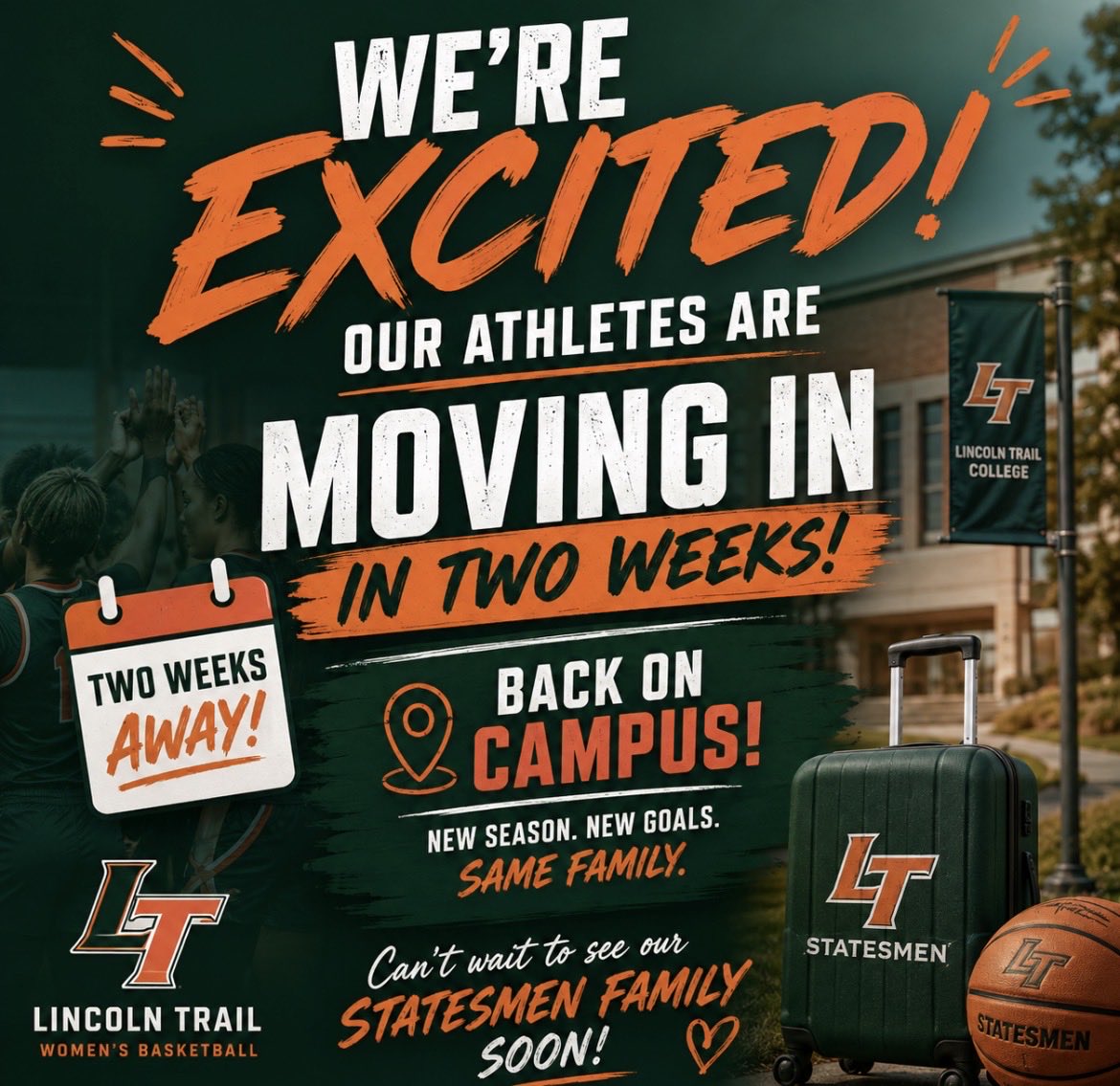 LTCWBB's tweet photo. The countdown is officially on! ⏳🏀

In just 2 weeks, our student-athletes will be back on campus, and we couldn’t be more excited to welcome the Lincoln Trail Women’s Basketball family home.

Let’s get ready for an incredible 2026-27 season!!! https://t.co/K5RYm9qgmu