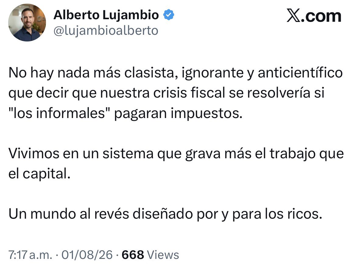 juanburgos's tweet photo. Es increíble que en el 2026 aún estemos teniendo esta discusión. La MITAD de la economía no paga impuestos. Hoy es más fácil, y rentable, poner un puesto de tacos, tortas o jugos en una esquina, que estudiar y aspirar a un salario en un empleo formal.

La economía no crece precisamente por esto. No hay desarrollo intelectual, no hay incentivos para tener escuelas y universidades y, como resultado, unos pocos cargamos toda la cara fiscal cuando una gran mayoría solo paga el IVA que realmente solo es un impuesto que se traslada entre entidades.

La economía informal ofrece todos los incentivos incorrectos para el progreso y desarrollo de un país.