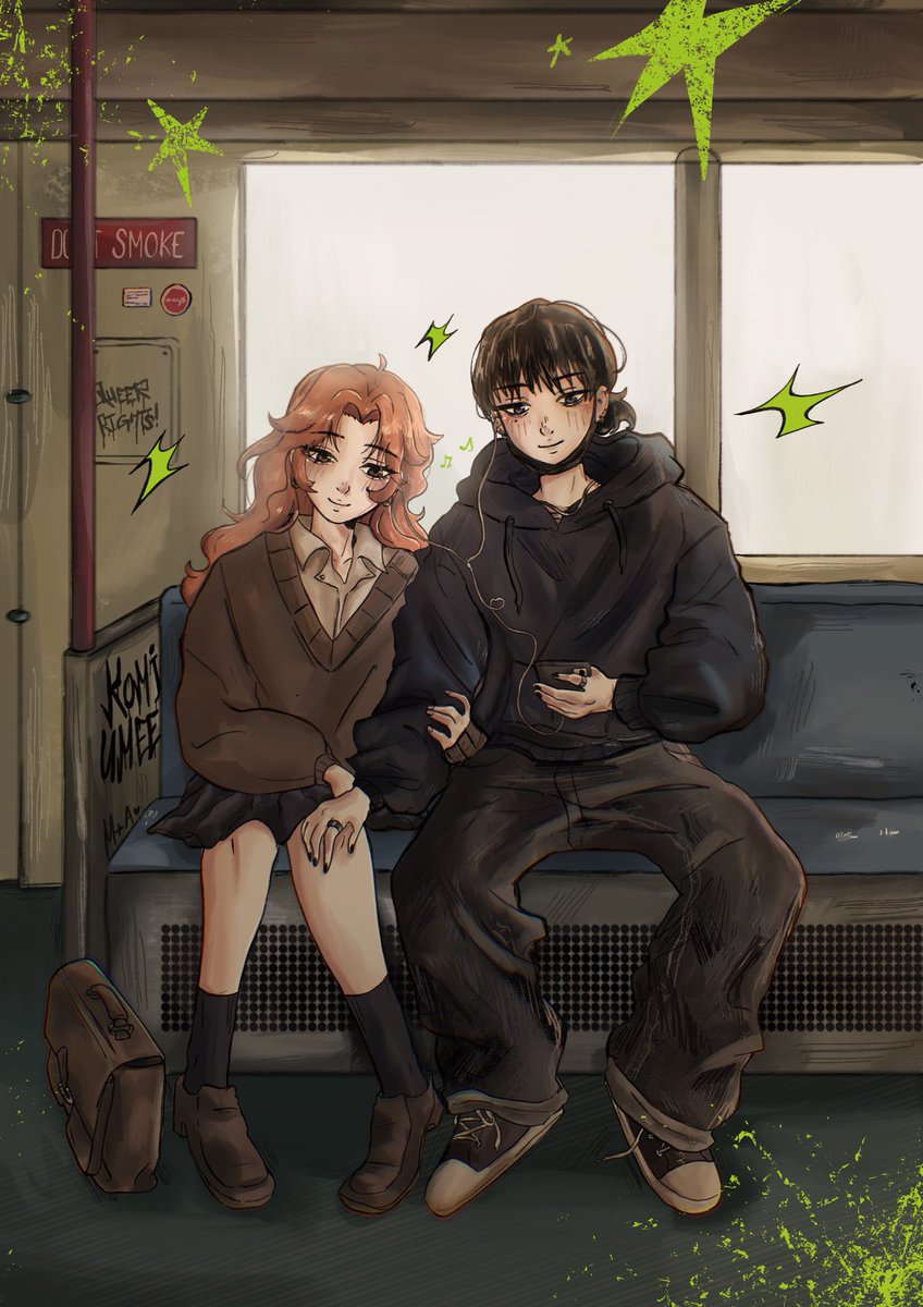komiumee's tweet photo. 『train ride🖤』
__
After Aya visits Mitsuki at the record store, Mitsuki walks her home. This summer afternoon is filled with the music of their favorite bands. I hope you like it!☀️💚
__
/tags #theguyshewasinterestedinwasntaguyatall #greenyuri #mitsuaya #mitsukikoga #ayaoosawa https://t.co/UvglWlATOK