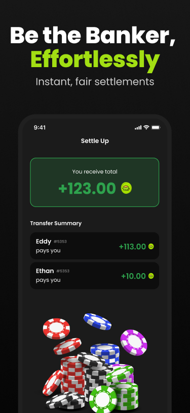eddygte's tweet photo. the interesting engineering problem was settlement.

after a long session, 8 players owe each other in tangled directions. we solve for the minimum number of transfers to clear it all.

one tap. debts gone. https://t.co/i8NCnOYwui