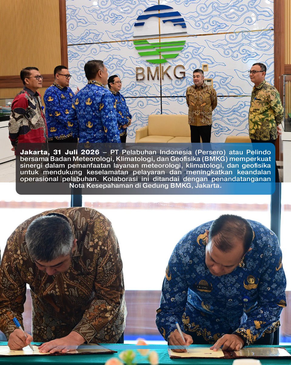 indonesiaport's tweet photo. Halo #Portizen,

 Halo #Portizen,

#Pelindo dan #BMKG memperkuat sinergi dalam pemanfaatan data meteorologi, klimatologi, dan geofisika untuk mendukung operasional pelabuhan yang lebih aman, andal, dan adaptif terhadap dinamika cuaca serta kondisi laut.

#KeselamatanPelayaran https://t.co/9CxqNGdRcL