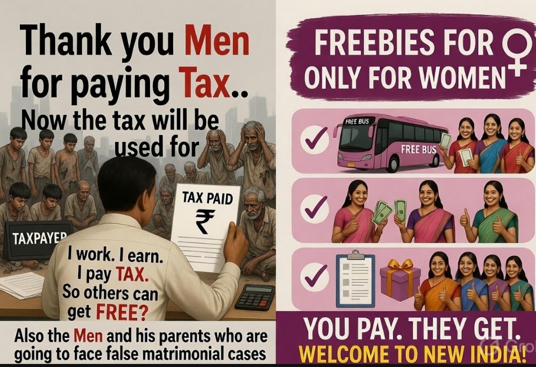 TrumpSaveBharat's tweet photo. A man pays tax so that:

Women get free rides
Women get free monthly cash
Women get free schemes

And the same man + his parents still live in fear of false 498A / matrimonial cases.

Young boys and old fathers? Left behind.

Tax is collected from men. Benefits are distributed only to women.

Say it out loud.