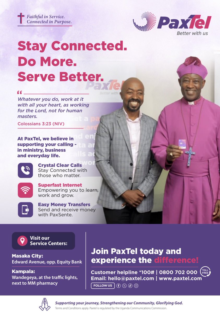 SadiikiAdams's tweet photo. This month of August, @Paxtel_mobile will be available at all Churches within the Province of @ChurchofUganda_ , whether Cathedral, Parish or Sub-parish to onboard you and give you a SIM card. No more struggling with internet or call network or money transfers.

You need a faster service or inquiry, visit PaxTel Service Centers:

Masaka City:
Edward Avenue, opp. Equity Bank

Kampala:
Wandegeya, at the traffic lights,
next to MM pharmacy

I got mine: 0724003645. His Grace @Archbp_COU got his too.

Thank you Chairman @jmkamya for giving us the opportunity to build a unified communication network and digitize all Church operations. Accountability, evangelism and service delivery will be core. 

Join PaxTel today and
experience the difference!