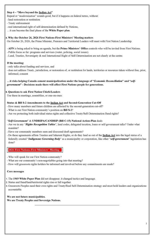 RussDiabo's tweet photo. @rebeccanagle
OCTOBER 26, 2026, NATIONAL DAY OF ACTION INFORMATION SHEET
For Grassroots Rights Holders & Chiefs/Councils
White Paper 2.0: Status “Self-Government” & 2026 First Nations-First Ministers’ Meeting
The time to act is now, before it’s too late!
#WiseUp #RiseUp https://t.co/3WJfeIpkTe