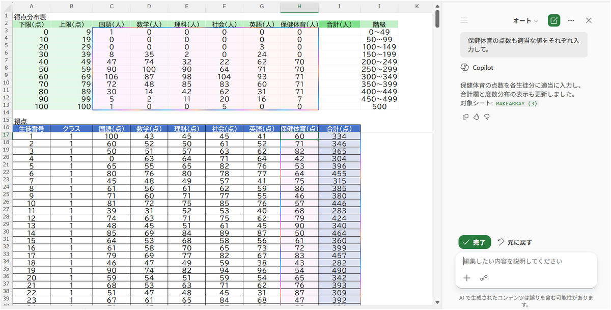 excel4teachers's tweet photo. 「保健体育の点数も適当な値をそれぞれ入力して」と指示するだけで、サンプルデータを作ってくれるんですから、Copilot in Excel は本当に便利ですよね。 https://t.co/fp98b102Xu
