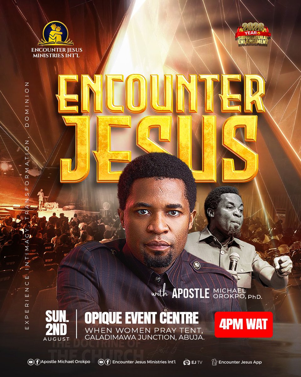 Apostleorokpo's tweet photo. ENCOUNTER JESUS SERVICE

“The Lord appeared again… for the Lord revealed Himself.” – 1 Samuel 3:21
This is more than a meeting; it is a divine appointment.

Join Apostle Michael Orokpo, Ph.D., for an Encounter Service like no other.

Connect live on:
Encounter Jesus App
YouTube
Instagram

Come hungry, leave transformed!

#ejmi 
#encounterjesus 
#Orokpomichael
#encounterjesusmanchester
#encounterjesusministryinternational