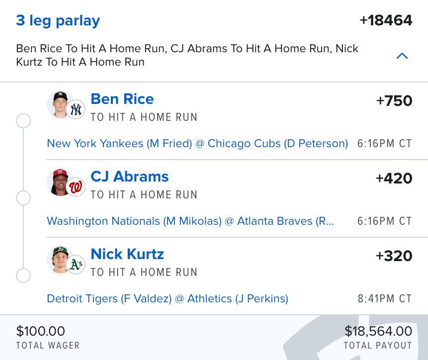 JoeyWalkerPicks's tweet photo. ⚾️ Home Run Parlays!

Parlay 1 (+18464 Odds)
Parlay 2 (+19340 Odds)

21+ Gamble Responsibly https://t.co/wL1Cywg81C