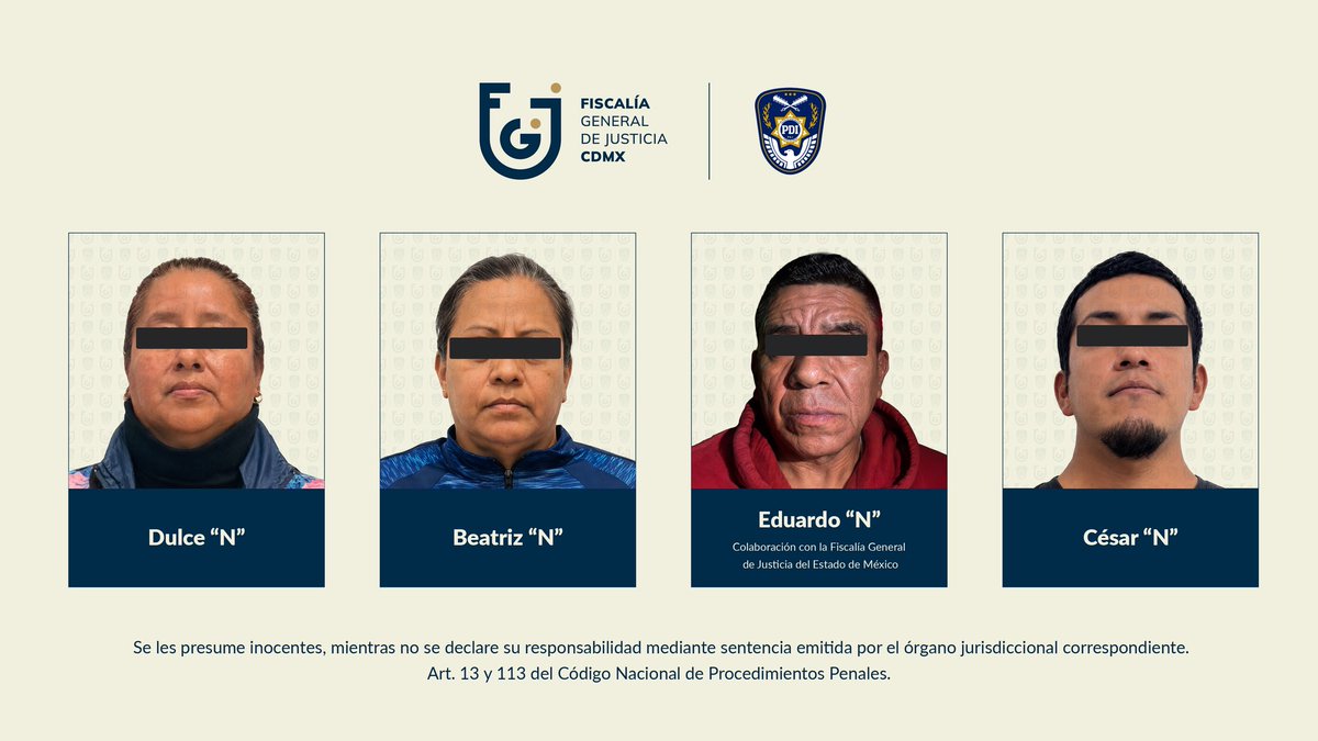 FiscaliaCDMX's tweet photo. Obtuvimos la vinculación a proceso de Dulce “N”, Beatriz “N”, César “N” y Eduardo “N” por el delito de secuestro agravado, en agravio de un hombre.

El análisis de videograbaciones del C5 y diversas diligencias de reconocimiento permitieron establecer su probable participación y obtener las órdenes de aprehensión correspondientes.

Agentes de la @PDI_FGJCDMX localizaron y aprehendieron a los cuatro imputados en distintos puntos del Valle de México. Permanecerán en prisión preventiva mientras la investigación avanza. 

Más información 👇
https://t.co/FHkeZ6zX3u