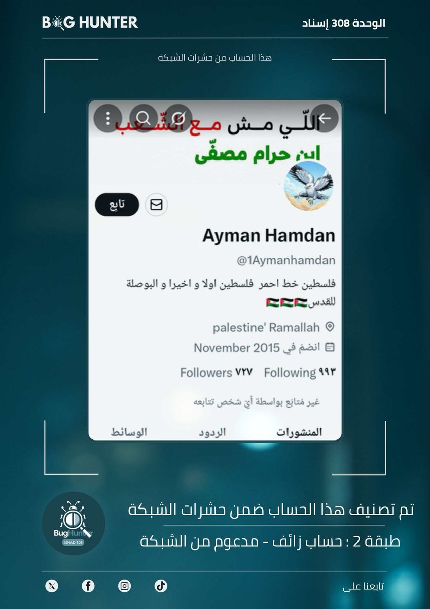 with_chaimae_'s tweet photo. تحذير:
فريق @bughunter_App أجرى تحقيقاً دقيقاً بشأن الحساب:https://t.co/Jy9DTomkTE
ويوصي بحظره والتبليغ عنه
-التقييم:حساب زائف(طبقة2- #ذباب_إلكتروني)مدعوم من الشبكة
-أنشطته:
نشر خطاب تخذيل ممنهج + تبني أجندة الوحدة 8200 +فتن طائفية +تعزيز الانقسام المجتمعي +ترويج رواية العدو. https://t.co/T7WjCCiXl0