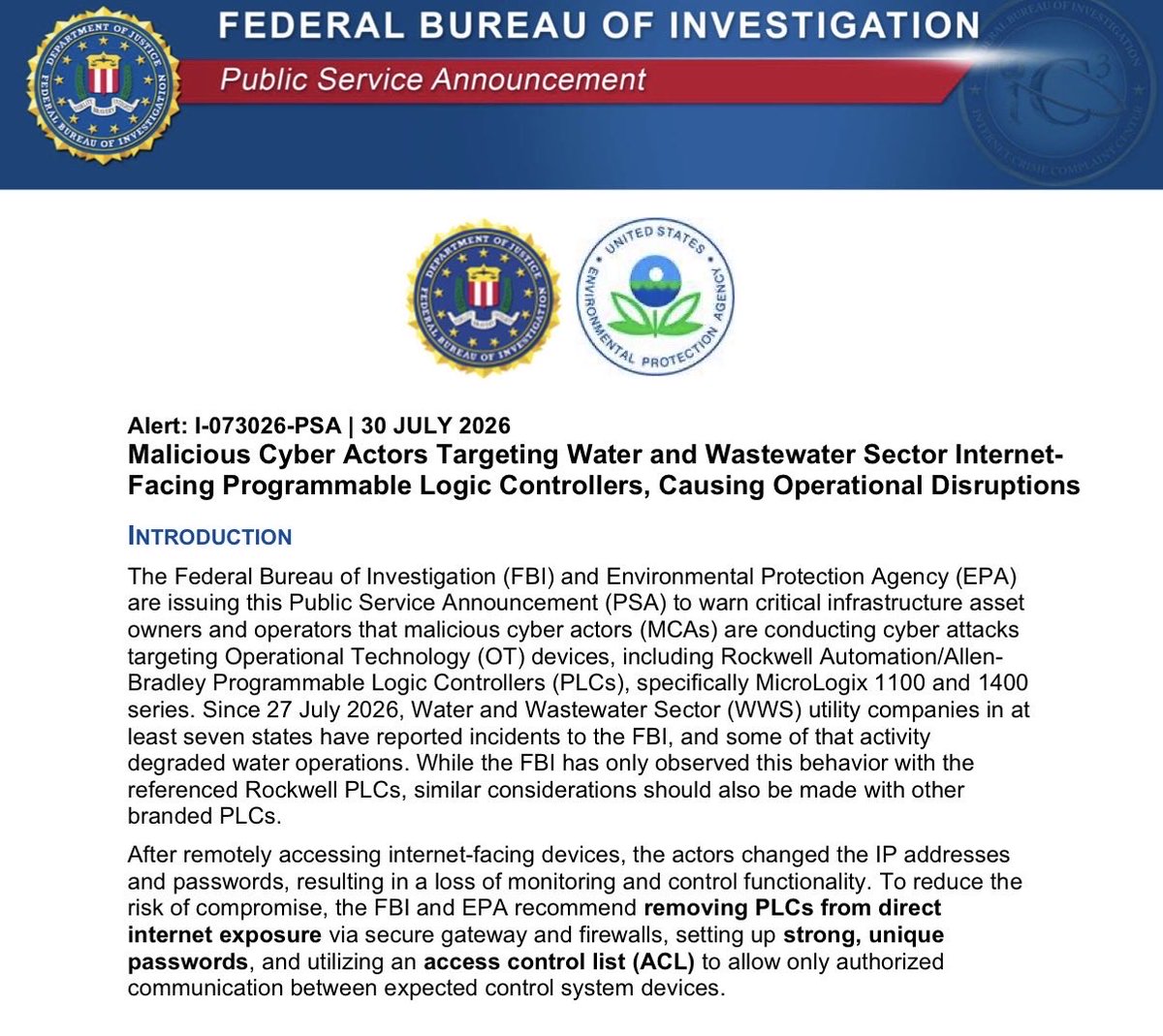 ItsTheEnforcer's tweet photo. 🚨BREAKING: At least 7 US states have had their public water systems hacked this week. It is believed that Iranian hackers are the likely perpetrators.

The FBI has issued a formal warning. https://t.co/YANLeIa6Lz