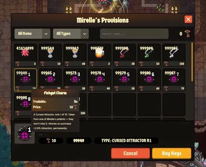 bbence776's tweet photo. Everyone quotes the Cursed Attractor prices in @playcambria: 10 to 100 keys, 550 for the set.

Those price tags are the smallest part of the cost 🧵

1/ Attractors don't unlock by paying for them. They unlock at Favor thresholds, and Favor is your lifetime Grub purchased.

Thresholds: 1,944 · 7,776 · 17,496 · 31,104 · 48,600 · 69,984 · 95,256 · 124,416 · 157,464 · 194,400

2/ Grub costs 3 keys each. Keys are $0.10.

So Grub is $0.30 a piece.

3/ I had the Grub price wrong by 100x. It's 100 Grub for 3 keys, not 3 keys each.

Corrected numbers:
Rank 1 needs 1,944 Grub = ~$5.83
Rank 10 needs 194,400 lifetime Grub = ~$583
Everything else in the thread stands. Thanks to @iRacer77 for the catch.

4/ The important caveat, because this reads worse than it is: that Grub isn't a fee. You spend it fishing, and you get fish, Points and Sacks of Treasure back for it.

Favor is a byproduct of playing, not a separate toll. Nobody is paying $58k for an item.

5/ But the scale is worth knowing. The full attractor set implies roughly $58k of lifetime bait volume through the game.

The price tags everyone quotes are a rounding error next to that.

6/ For completeness, the rest of the system:

• Attraction starts at 65% with 0 points
• Each attractor is +12 Attraction, permanent
• Scales are the other route: 192 Scales per +1, earned from catching fish, opening sacks, and daily quests
• The sack is the unit, not the stake, confirmed by @KaceFlips 

7/ Which means spend accelerates Scales indirectly, through sack frequency, rather than buying them.

All numbers screenshotted from Mirelle's shop and the in-game Attraction panel today. Happy to be corrected if any of it has moved.