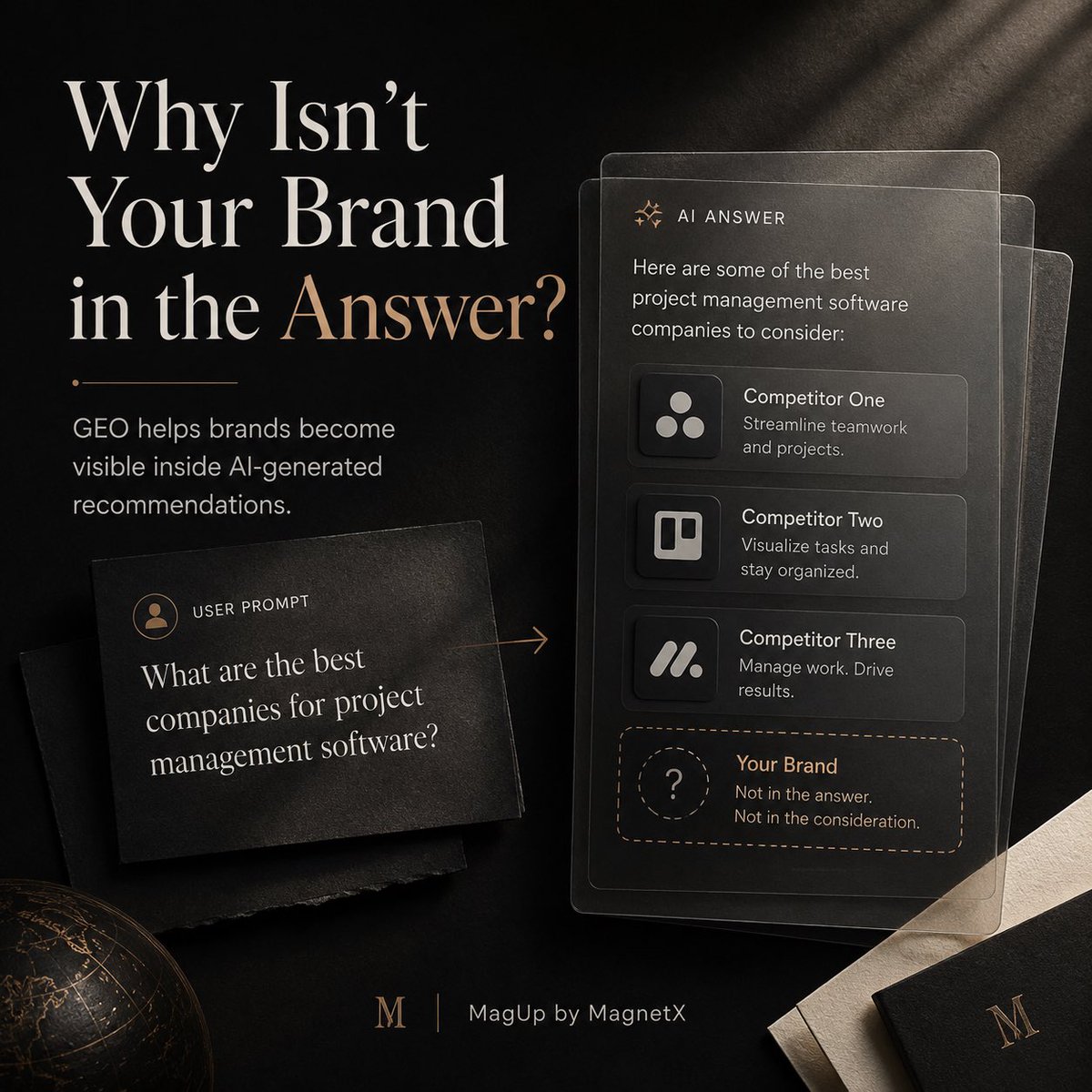 Magup_AI's tweet photo. Your brand may have a great product, a strong website and years of industry experience.
But when a potential customer asks ChatGPT:
“What are the best companies in this category?”
Your competitors appear.
 Your brand does not.
This is becoming a common problem.
AI platforms do not recommend brands based on website traffic alone. They consider how clearly a brand is described, where it is mentioned, which sources support it and whether those signals are consistent across the web.
This is where GEO—Generative Engine Optimization—comes in.
At MagUp by MagnetX, we help brands understand:
— Whether they appear in AI-generated answers
 — Which competitors are being recommended
 — What sources influence those recommendations
 — What needs to change to improve visibility
Have you ever asked an AI platform to recommend companies in your category?
Try it—and tell us what you find.
Reply with your industry or DM us for a GEO visibility review.