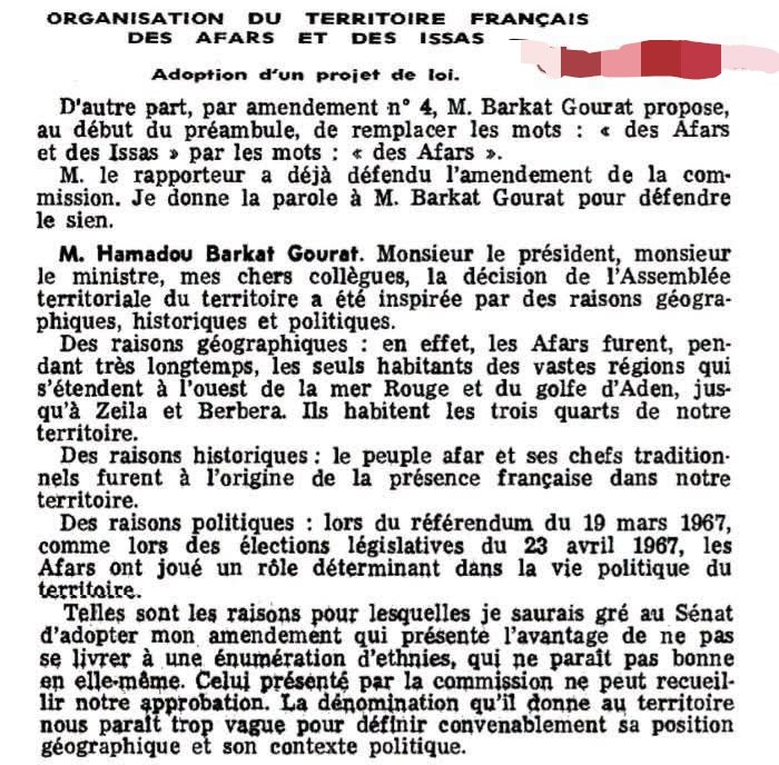 mahamad_ibrah's tweet photo. "French Territory of the Afars": the unjust designation adopted on 12 May 1967 by the Afar loyalists of Djibouti's Territorial Assembly under the orders of the notorious traitor Ali Aref — when the Danakils sought to erase the indigenous Somali/Issa people from the map

While the designation "French Territory of the Afars and the Issas" has now passed into history, few people know that on 12 May 1967 the Territorial Assembly of Djibouti initially adopted a far more partisan name: "French Territory of the Afars." This deeply inequitable designation, promoted and defended by Ali Aref, then President of the Governing Council, was no accident. It was part of a deliberate political strategy aimed at removing the Somali/Issa people from the territory's official name, despite the fact that they constituted the majority of its population. Behind this choice lay a clear intention to deny their political weight and relegate them to a secondary status in favor of a profoundly sectarian vision of the territory.

This maneuver was consistent with a broader political strategy. While the Somali/Issa population stood at the forefront of the struggle against colonial domination and asserted their inalienable right to self-determination, Ali Aref chose the opposite course. He became a steadfast defender of the colonial order, placing his authority at the service of maintaining French sovereignty. By opposing the national aspirations of the people of Djibouti, he aligned himself with policies designed to safeguard the interests of the colonial power rather than those of the territory's inhabitants.

Ironically, this attempt at political reengineering was ultimately rejected by the very authorities whose interests Ali Aref sought to protect. The French government refused to endorse such an openly discriminatory designation, recognizing that it would only deepen already significant political and ethnic divisions. Instead, Paris imposed the name "French Territory of the Afars and the Issas," thereby acknowledging, at least in the official title, the existence of the territory's two principal population groups.

This episode remains one of the clearest symbols of the struggle between supporters of independence and defenders of the colonial status quo. It also illustrates the unique place occupied by Ali Aref in the national memory: for many, he is remembered less as a statesman than as an architect of division whose political actions were perceived as a betrayal of the legitimate aspirations of the Djiboutian people and a conscious alignment with colonial interests.

A further clarification is necessary. Following the referendum of 19 March 1967, Ali Aref launched a political campaign aimed at reshaping the very identity of the territory. His objective was explicit: to exclude the Somali/Issa population politically and symbolically. In his view, they were considered "dangerous" because of their support for the right of peoples to self-determination—a fundamental principle of international law enshrined by the United Nations—and because of their commitment to independence. Ali Aref, by contrast, advocated maintaining the territory under French sovereignty.

In response to Somali/Issa nationalist demands, he sought to remove them symbolically from the territory's official identity. On 12 May 1967, disregarding both demographic realities and the discriminatory nature of his initiative, he used his majority in the Territorial Assembly to secure the adoption of the name "French Territory of the Afars" by 21 votes to 10. Somali representatives boycotted the session in protest.

In its edition of 15 May 1967, the French newspaper Le Figaro reported on the Assembly's decision to change the name of the French Somali Coast. The newspaper wrote: