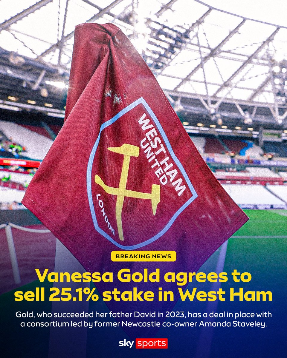 SkySportsPL's tweet photo. Vanessa Gold has confirmed she has agreed to sell her stake in West Ham to a consortium led by former Newcastle co-owner Amanda Staveley. https://t.co/rq6eEhwRbF