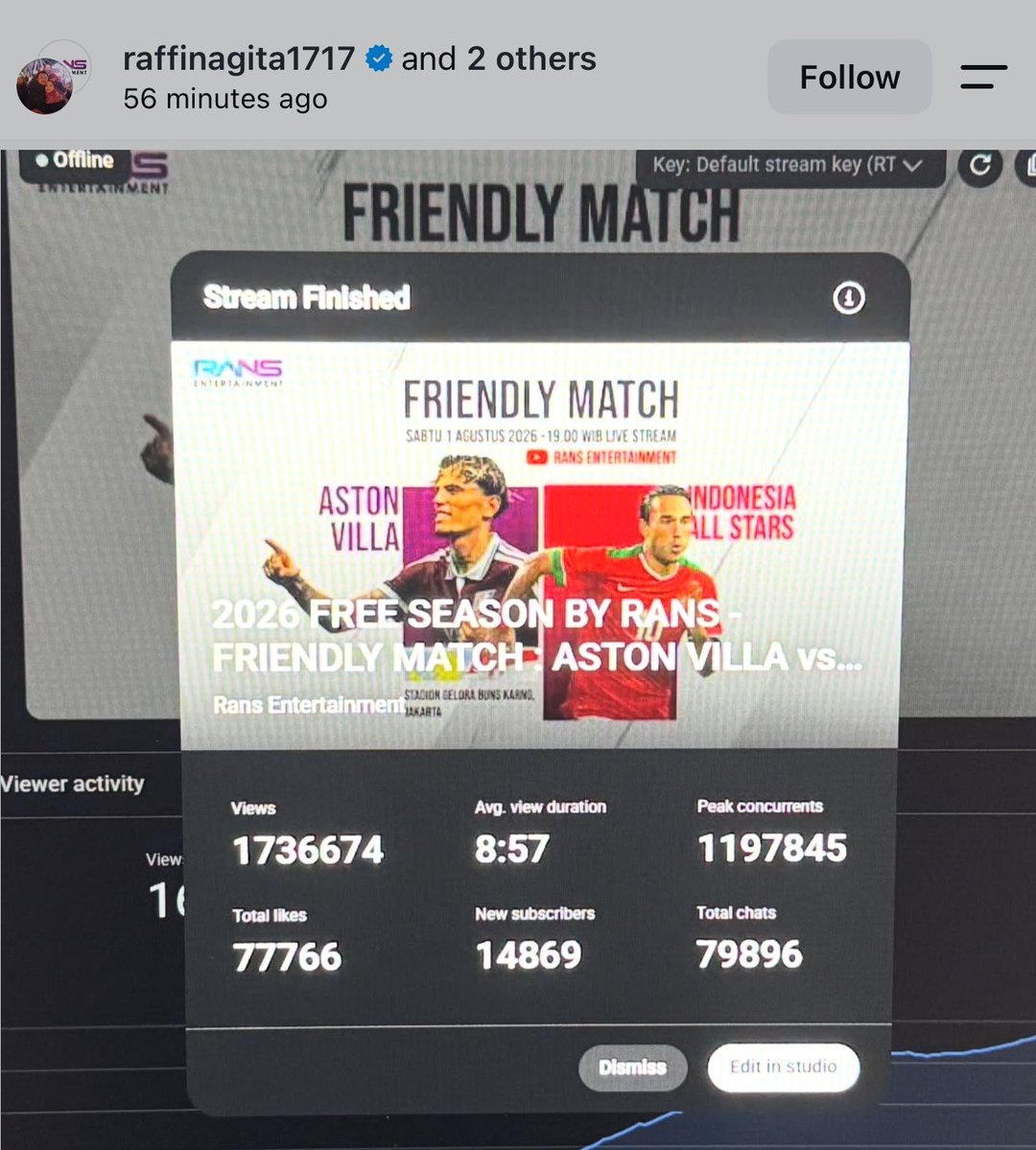 insidefolkative's tweet photo. Raffi Ahmad kasih liat statistik dari siaran langsung pertandingan Aston Villa melawan Indonesia All Stars melalui Channel YouTube RANS Entertainment:

- 1.79juta+ views
- peak cocurrent viewers: 1.19 juta
- 262.6rb+ jam watch time
- 364ribu+ chat and reactions https://t.co/fTTsNVeuAq