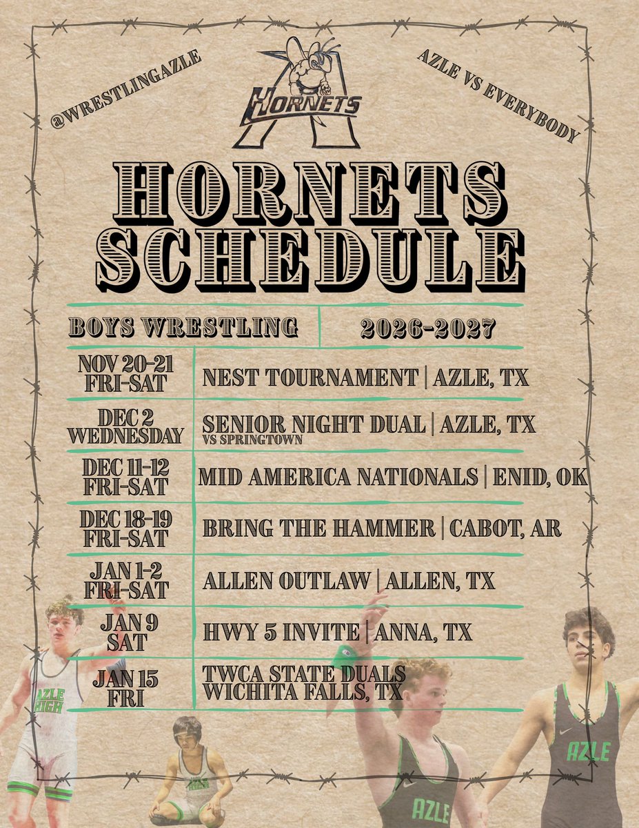 WrestlingAzle's tweet photo. 🚨Schedule Drop!
Azle Boys & Girls Wrestling Top Events are here!
Azle America - to Arkansas, Oklahoma, El Paso, and Houston. This season we will chalk up some miles and good competition!
Don’t miss the action!
#AzleISD #HornetStyle #Wrestling https://t.co/gDTItoWF6r