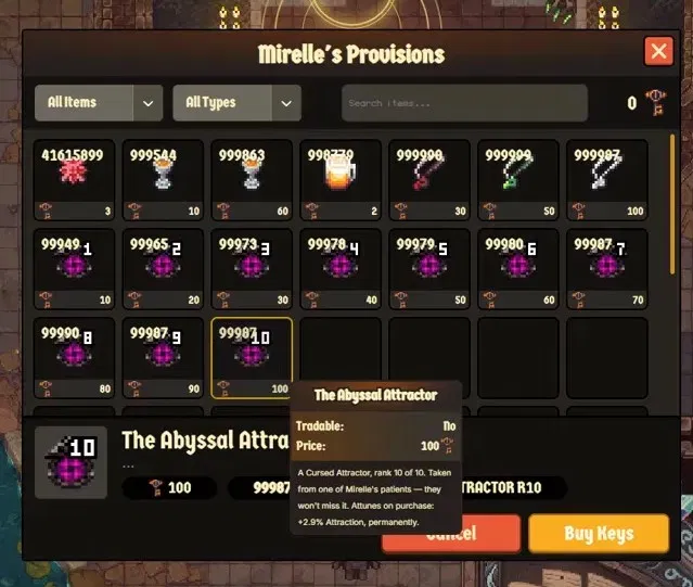 bbence776's tweet photo. Everyone quotes the Cursed Attractor prices in @playcambria: 10 to 100 keys, 550 for the set.

Those price tags are the smallest part of the cost 🧵

1/ Attractors don't unlock by paying for them. They unlock at Favor thresholds, and Favor is your lifetime Grub purchased.

Thresholds: 1,944 · 7,776 · 17,496 · 31,104 · 48,600 · 69,984 · 95,256 · 124,416 · 157,464 · 194,400

2/ Grub costs 3 keys each. Keys are $0.10.

So Grub is $0.30 a piece.

3/ I had the Grub price wrong by 100x. It's 100 Grub for 3 keys, not 3 keys each.

Corrected numbers:
Rank 1 needs 1,944 Grub = ~$5.83
Rank 10 needs 194,400 lifetime Grub = ~$583
Everything else in the thread stands. Thanks to @iRacer77 for the catch.

4/ The important caveat, because this reads worse than it is: that Grub isn't a fee. You spend it fishing, and you get fish, Points and Sacks of Treasure back for it.

Favor is a byproduct of playing, not a separate toll. Nobody is paying $58k for an item.

5/ But the scale is worth knowing. The full attractor set implies roughly $58k of lifetime bait volume through the game.

The price tags everyone quotes are a rounding error next to that.

6/ For completeness, the rest of the system:

• Attraction starts at 65% with 0 points
• Each attractor is +12 Attraction, permanent
• Scales are the other route: 192 Scales per +1, earned from catching fish, opening sacks, and daily quests
• The sack is the unit, not the stake, confirmed by @KaceFlips 

7/ Which means spend accelerates Scales indirectly, through sack frequency, rather than buying them.

All numbers screenshotted from Mirelle's shop and the in-game Attraction panel today. Happy to be corrected if any of it has moved.