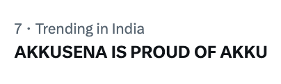 nats_coree's tweet photo. TRENDING AT 7!!

AKKUSENA IS PROUD OF AKKU https://t.co/LjW93GIPbD