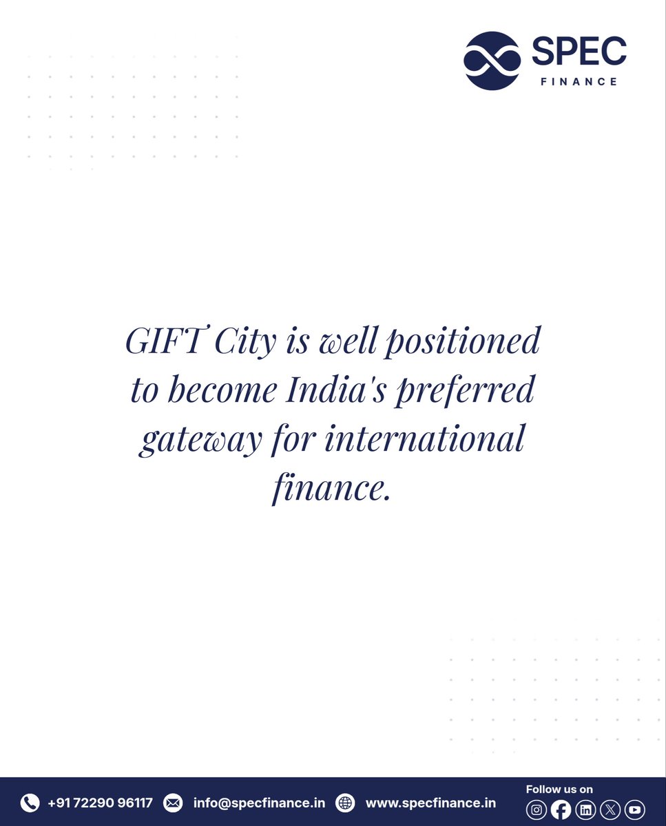 specfinancegfty's tweet photo. "Why GIFT City Is Emerging as India's Gateway to Global Finance and BRICS+ Opportunities"

India's ambition to be a global financial powerhouse is taking shape in GIFT City. Swipe to see why businesses are making the move 🔗

#GIFTCity #SPECFinance #BRICSPlus #GlobalFinance #IFSC #IndiaGrowthStory