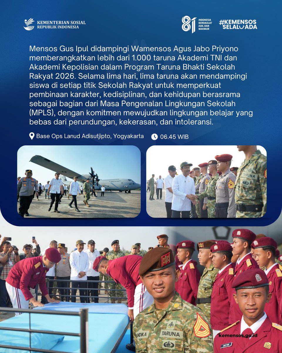 KemensosRI's tweet photo. Lebih dari 1.000 taruna Akademi TNI dan Akademi Kepolisian siap jadi kakak asuh dalam Program Taruna Bhakti Sekolah Rakyat 2026, mendampingi siswa selama MPLS 🎒

Selain itu, ada kabar apa lagi? Intip selengkapnya di #SelaluAdaKabarBaik edisi 1 Agustus! https://t.co/AwngD0nol4