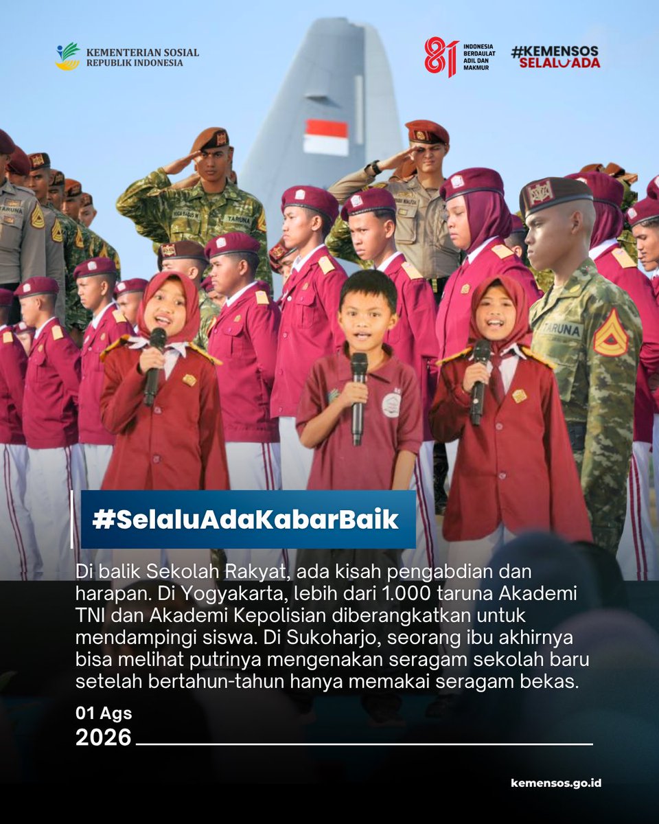 KemensosRI's tweet photo. Lebih dari 1.000 taruna Akademi TNI dan Akademi Kepolisian siap jadi kakak asuh dalam Program Taruna Bhakti Sekolah Rakyat 2026, mendampingi siswa selama MPLS 🎒

Selain itu, ada kabar apa lagi? Intip selengkapnya di #SelaluAdaKabarBaik edisi 1 Agustus! https://t.co/AwngD0nol4
