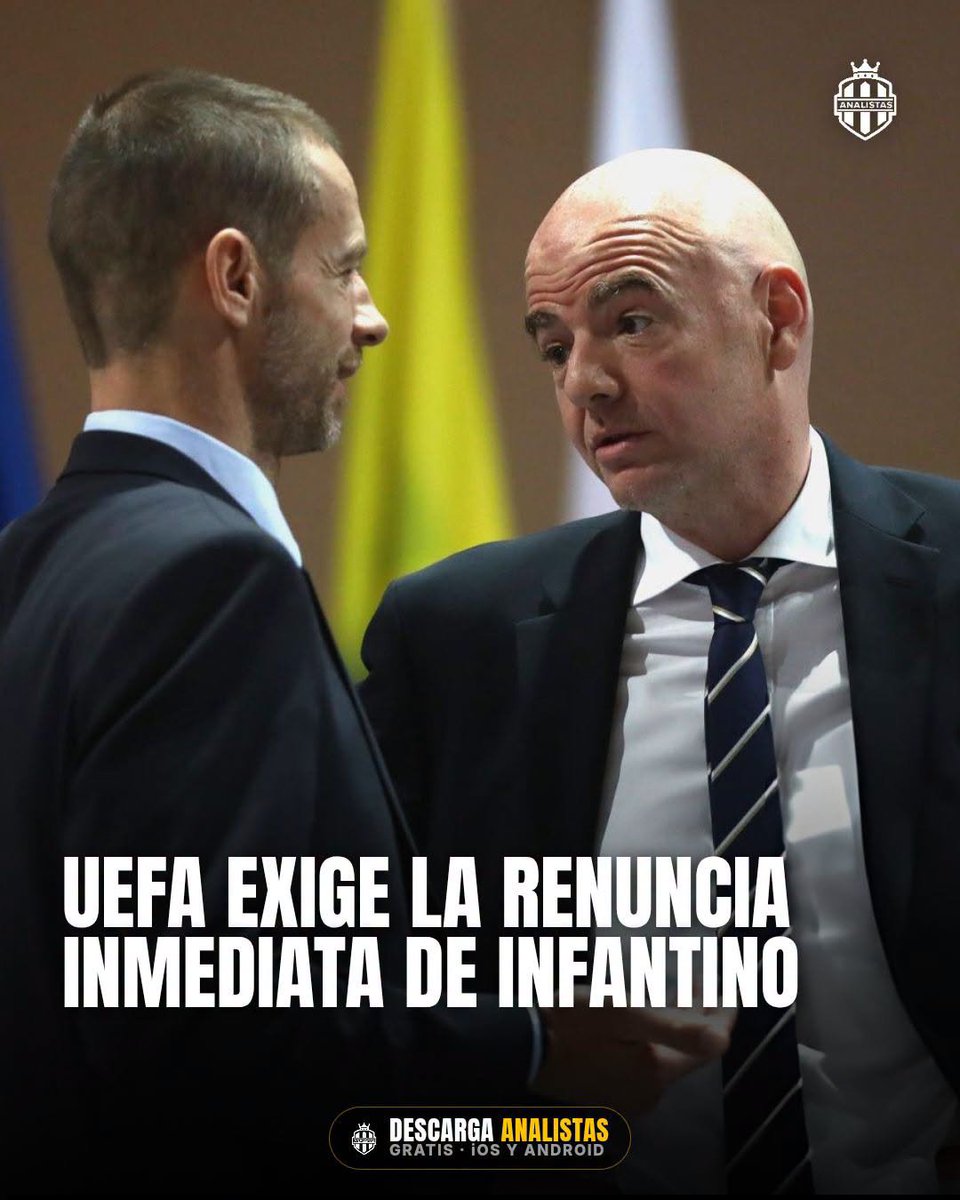 SomosAnalistas_'s tweet photo. QUIEREN ECHARLO ❌👋🏻

La UEFA le ha pedido a Infantino que renuncie inmediatamente como presidente de la FIFA.

En caso de negarse activarán una votación de censura para expulsarlo. Perdieron toda la confianza en Infantino y lo quieren fuera. 

🗞️ The Telegraph https://t.co/nJSZ91weTp