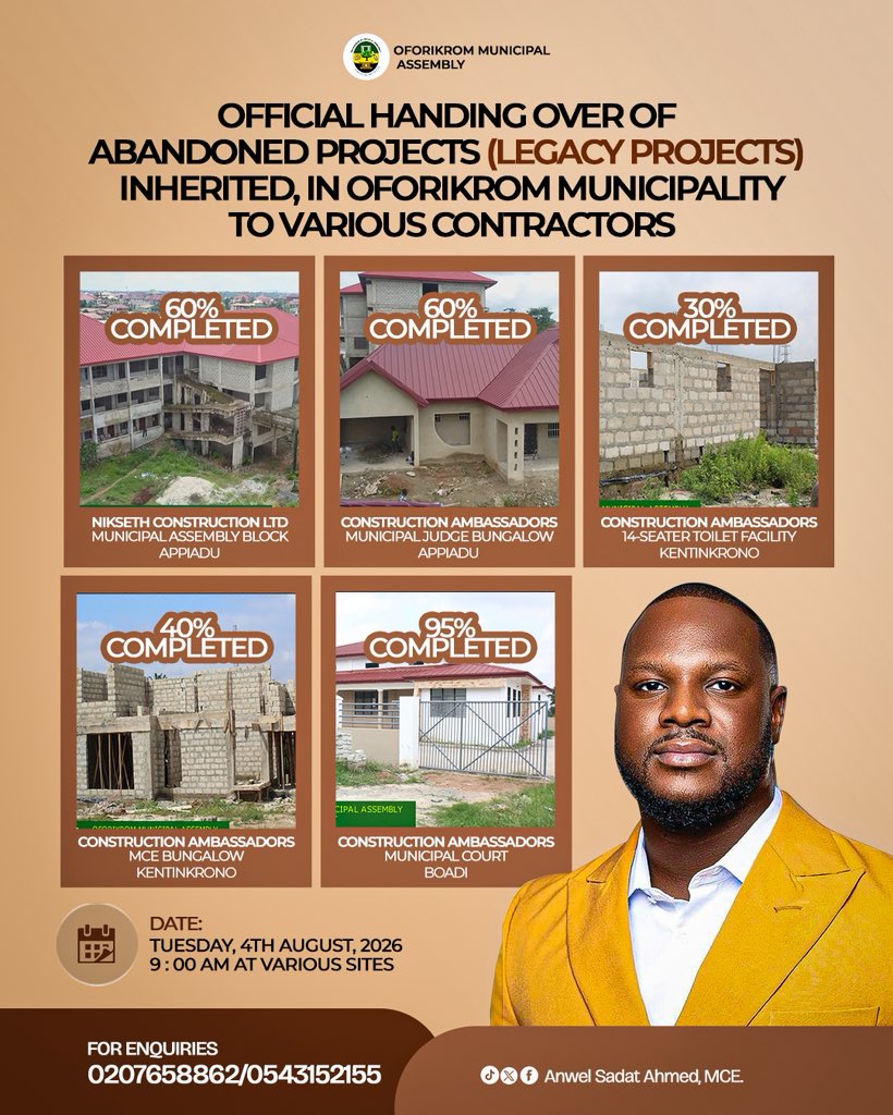AnwelSadatAhmed's tweet photo. Join us as the Oforikrom Municipal Assembly officially hands over abandoned (legacy) project sites to contractors for completion. https://t.co/gFI8JnruTo