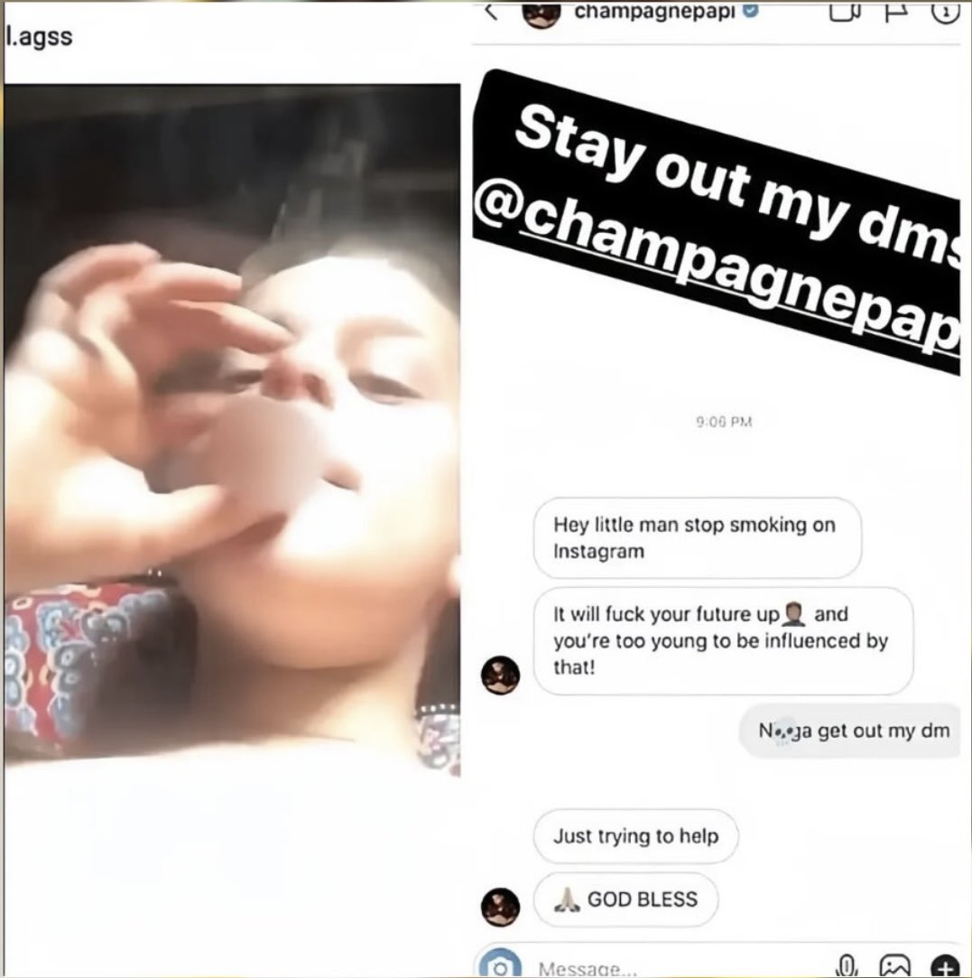 erenwasrightt's tweet photo. Never forget when Drake randomly DM’d a fan to stop smoking  😭 https://t.co/GgTucmlKTY