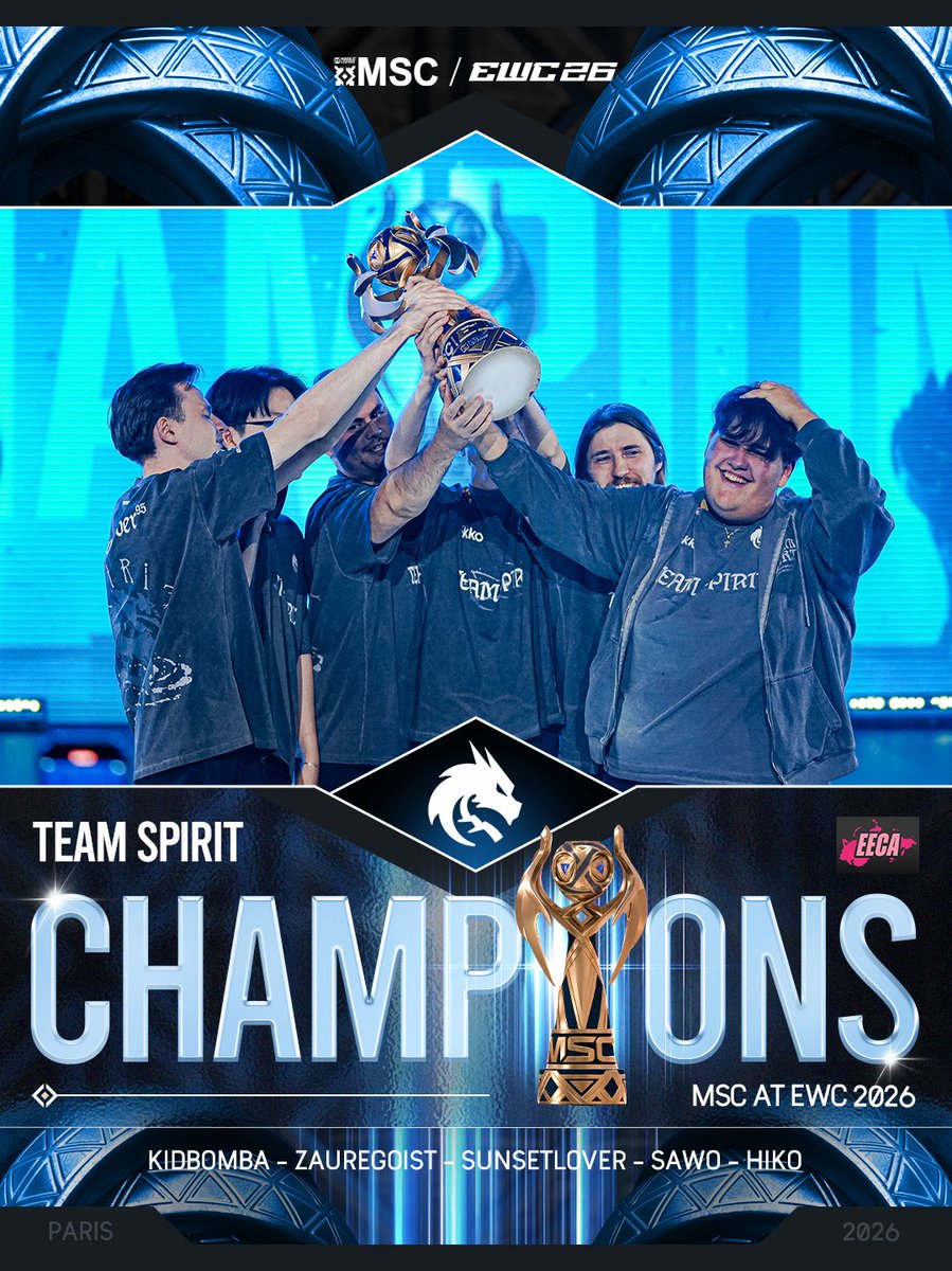 mlbbesports_en's tweet photo. A victory for a region, 7 years in the making. 7 game series for history to be made. Unleashing the Spirit here in Paris. Team Spirit are your MSC at EWC 2026 Champions! 🏆

The MCC Champions are crowned WORLD champions here in the City of Lights ✨

#MLBBEsports #MSCatEWC2026 https://t.co/lp0YNj6HsP