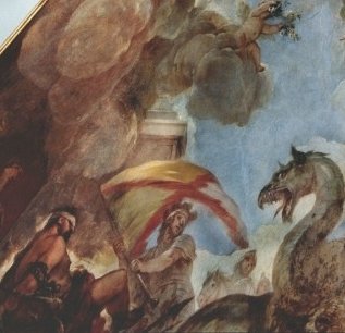 hisprex's tweet photo. La bandera que aparece en la Bóveda del antiguo Salón de Embajadores del palacio del Buen Retiro, con el fresco de la Apoteosis de la Monarquía Española realizada por Luca Giordano a finales del siglo XVII. https://t.co/U9xYeuaUoz