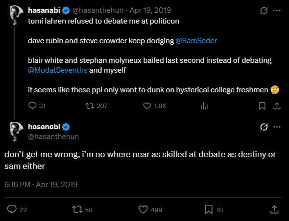 ShaoIRL's tweet photo. Hasan Piker's recently resurfaced tweets from 2019 predicted him dodging conversations with Destiny for the past 7+ years. This is because he's terrified of critical conversations with someone who can actually push back. 👀🚨 https://t.co/hjAhws4SwW