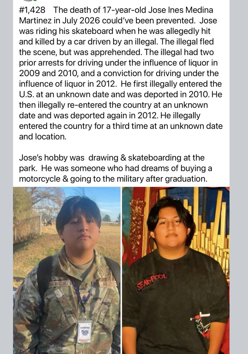 howmanyare2many's tweet photo. HOW MANY ARE TOO MANY?  

I’ve now posted 1,428 the names of people killed or allegedly killed by an illegal 

Did you ever hear about Jose’s preventable death?  Of course not, that’s why I do this.  MSM doesn’t report these deaths because they don’t want you to know about illegal immigrant crime.  IMO, that’s also why X hides this account.

Another illegal arrested, convicted, deported (2 times) and was then able to return & allegedly kill Jose.  Look at how many of the 1,428 preventable deaths I’ve posted were committed by an illegal that was previously in custody, arrested and/or deported.

Please repost so Jose isn’t forgotten and inform people of his preventable death.

 I’m not selling anything, not monetizing this,  not writing a book, not making a documentary, etc.  There’s nothing in this for me.  I see what’s happening to our country & trying to do something about it.  

I post a photo of the victim so you can see that these preventable deaths happened to real people, to real children and families that had their lives taken from them by someone illegally in our country.

@cptcookswife  @clmuseum  @JordanBrace8 @PatriotGal480 @poconomtngirl   @browngravy_93 @GeorgeEliseo  @greyman7107  @ZeroDarkKitty @RepBrandonGill @KatieZacharia @AlexisMcAdamsTV  @GregoryKBovino