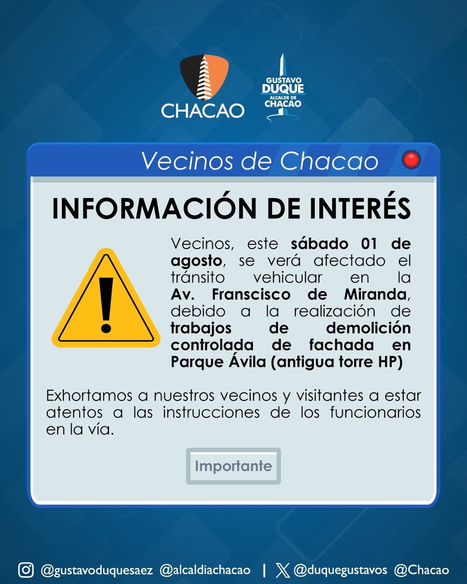 ElPitazoTV's tweet photo. #Caracas | La Alcaldía de Chacao informó a través de sus redes sociales que este sábado #1ago se verá afectado el tránsito vehicular en la avenida Francisco de Miranda, debido a trabajos de demolición controlada en la fachada de la Torre Parque Ávila (antigua Torre HP).

Aunque las autoridades no precisaron el horario exacto de las labores, pidieron a vecinos y conductores tomar las previsiones correspondientes.