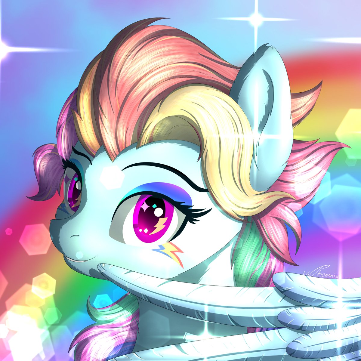 PhoenixPaintFG's tweet photo. Presenting Rainbow Dash for G6! the core element of speed with a fresh, prismatic energy. The starlight in her eyes and the neon bolts on her cheek are all about pushing her boundaries.

Is she ready to set a new record?
#MyLittlePony #G6MLP #RainbowDashG6 #MLPart #Ponified #MLP https://t.co/gIPGxuobI0