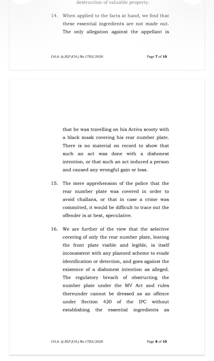 imra_mra's tweet photo. MOHAMMED ABDUL AHAD SHAKER VS. STATE OF TELANGANA & ANOTHER (2026)
#WorldClassJudiciary #WorldClassPolice
This case could have been resolved simply by imposing a ₹500 fine. Instead, due to the incompetence of the police and the courts, Mohd. Ahad Shaker lost nearly six years of his life and spent lakhs of rupees.
On 05/06/2020, Ahad was riding his Honda Activa, with the rear number plate covered by a black mask. On this basis, the police registered a case against him under Section 420 IPC (Cheating) and the Motor Vehicles Act.
Ahad approached the High Court seeking to have the proceedings quashed, but his petition was dismissed.
When the matter reached the Supreme Court, the strongest argument on Ahad behalf was that if he had truly intended to cheat or commit fraud, then why was the front number plate left fully visible? After examining the submissions and the material on record, the Supreme Court quashed the criminal proceedings on 28/07/2026 and directed Ahad to pay the applicable penalty under the Motor Vehicles Act, which ranges from ₹500 to ₹1,500.
It is difficult to imagine a police and judicial system anywhere in the world that could handle such a matter so pathetically. By the time this baseless case came to an end, Ahad had lost nearly six years of his life, spent lakhs of rupees, and endured significant mental harassment.
Welcome to VISHWAGURU Bharat.
@narendramodi @HMOIndia @rashtrapatibhvn
