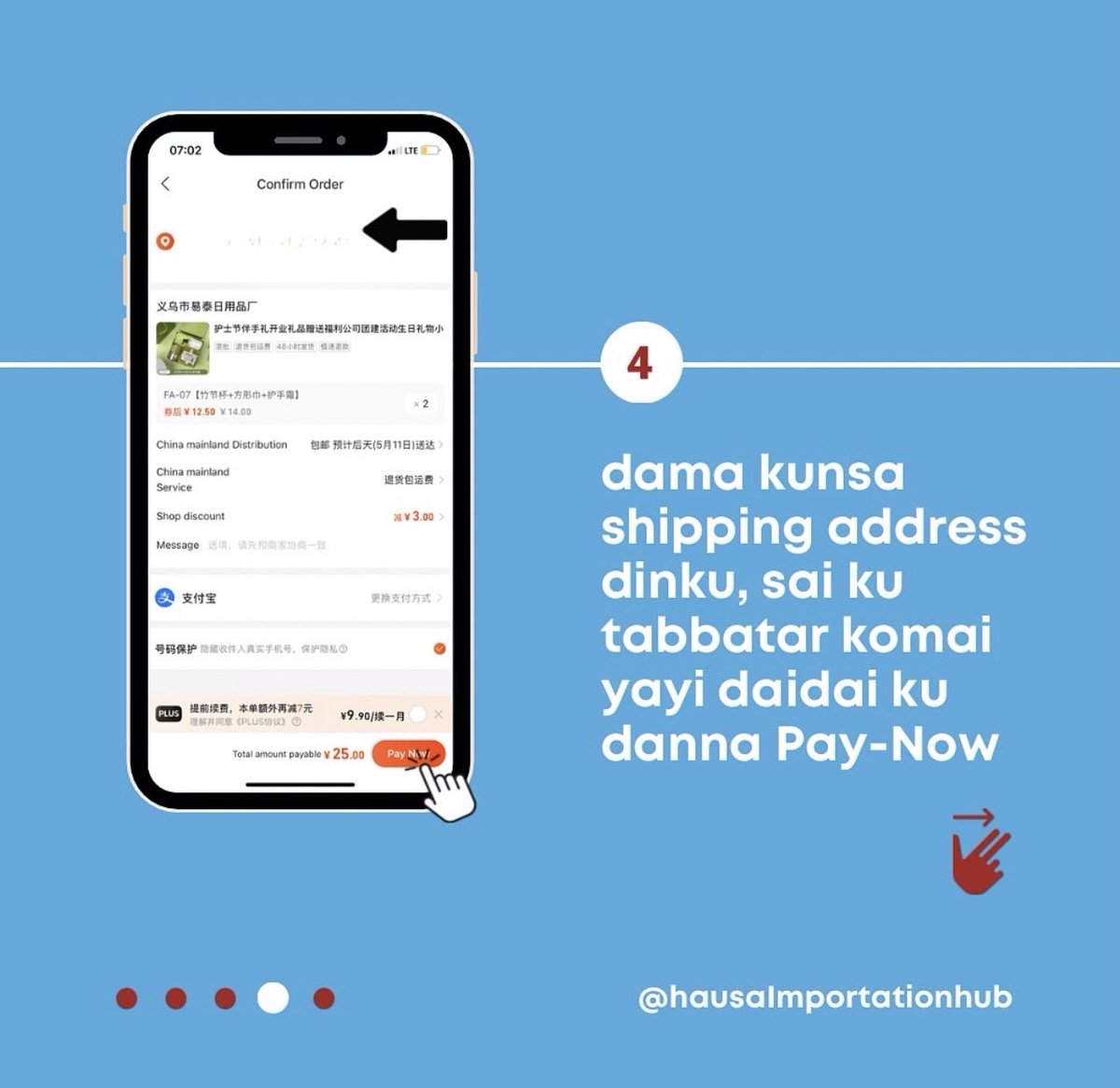 Himportationhub's tweet photo. Saka Order akan 1688 a takaice… 

Wurin biyan kudin in baku da alipay zakuyi amfani da katin ku na banki. 

Daga nan sai ku jira kaya su isa hannun shipping agent dinku. 

#hausa #arewa #china #importchina #importexport https://t.co/Z01UTn4Gxl