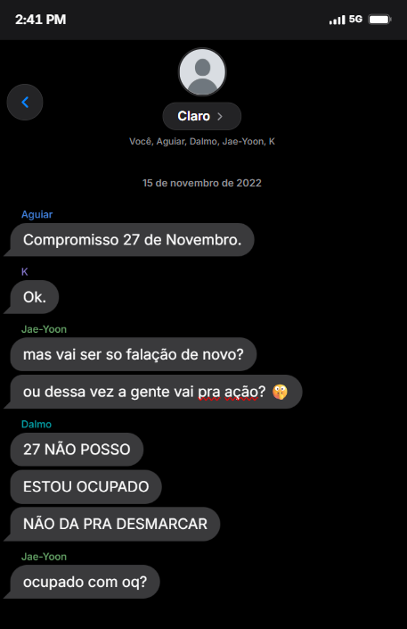 sccpcohen's tweet photo. Mensagens reais tiradas diretamente do celular do careca (Jae que deu o nome do grupo, elu falou que era genial e ninguém ia suspeitar) https://t.co/7BNdOdmiM4
