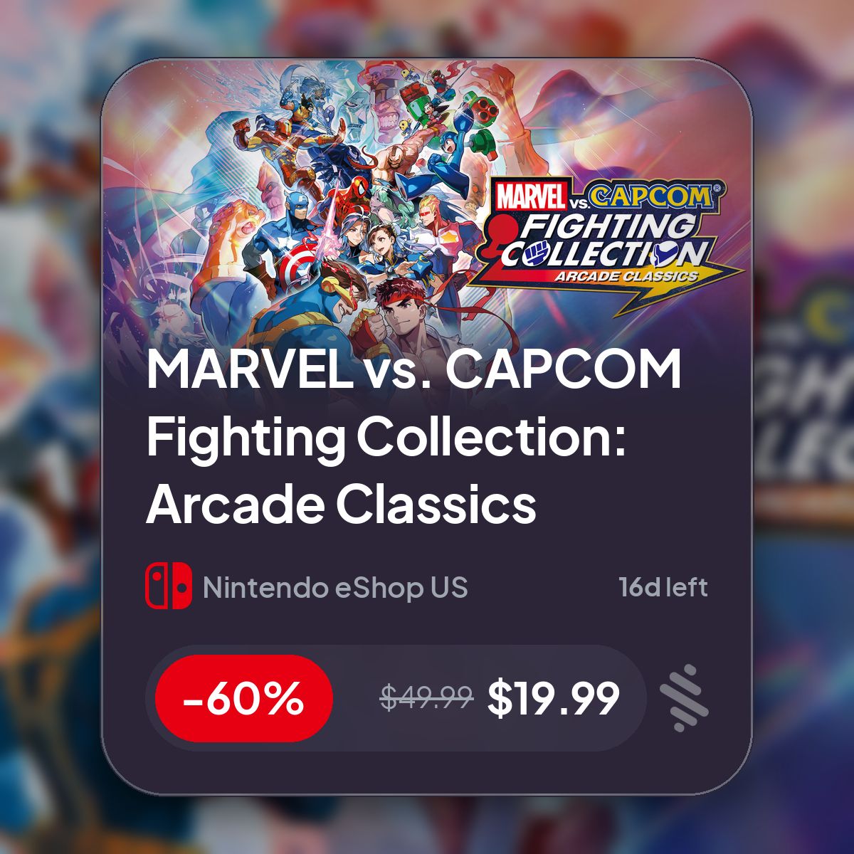 Stathetic's tweet photo. 🎮 MARVEL vs. CAPCOM Fighting Collection: Arcade Classics -60% off!
$̶4̶9̶.̶9̶9̶ $19.99 | 16d left | Nintendo eShop US

The legendary crossover hits are back! Jump into this...

https://t.co/BUg35GpuTC

#NintendoDeals #NintendoSwitch #Action #Fighting #MarvelVsCapcom #Marvel https://t.co/mnHPWJ6TPw