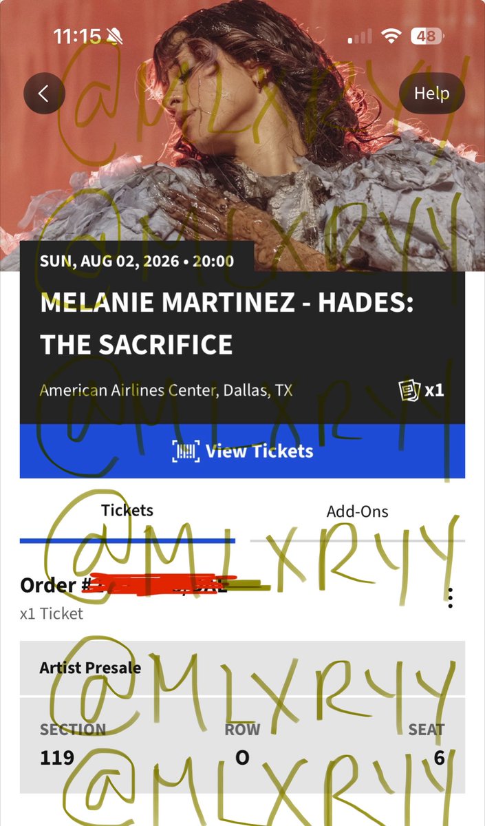mlxryy's tweet photo. Trying to sell my ticket for Melanie Martinez Hades: The Sacrifice tour ticket. 
DALLAS - American Airlines August 2nd @ 8pm. 
Selling for face value (dm if you have questions)!! Might be willing to negotiate.

 Pics are marked to avoid ppl ss and using it to scam others lol https://t.co/L5nW1DynAr