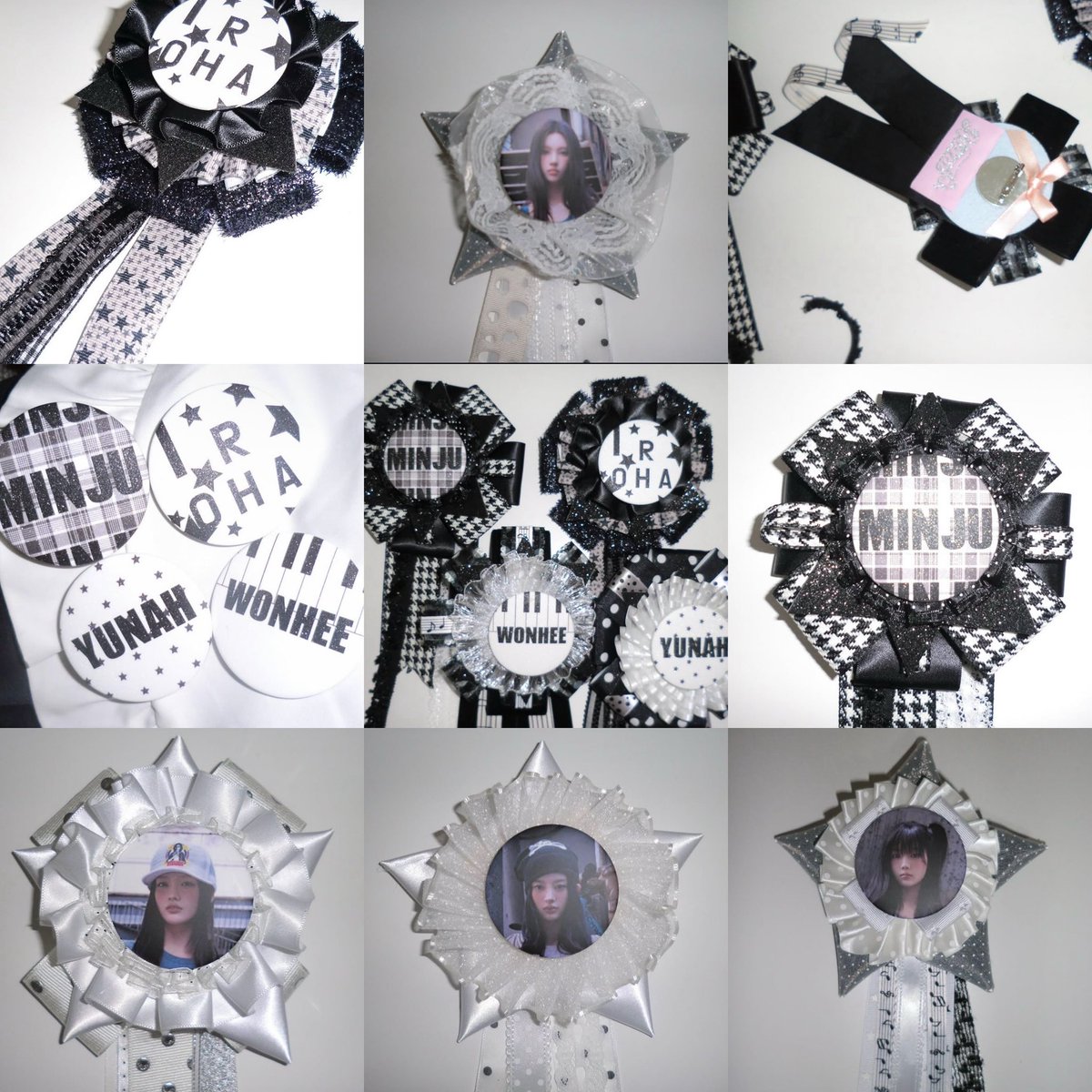 likeafantasy__'s tweet photo. ILLIT was styled in custom pins and ribbons handmade by the owner of ‘nurui shop’ for their Venue 101 performance today 🖤

she used their fruits magazine concept photos for some of the ribbons. 

(@/nurui.shop on insta)
(@/leeseokyeon is her personal insta) https://t.co/rYjQQGP3QO