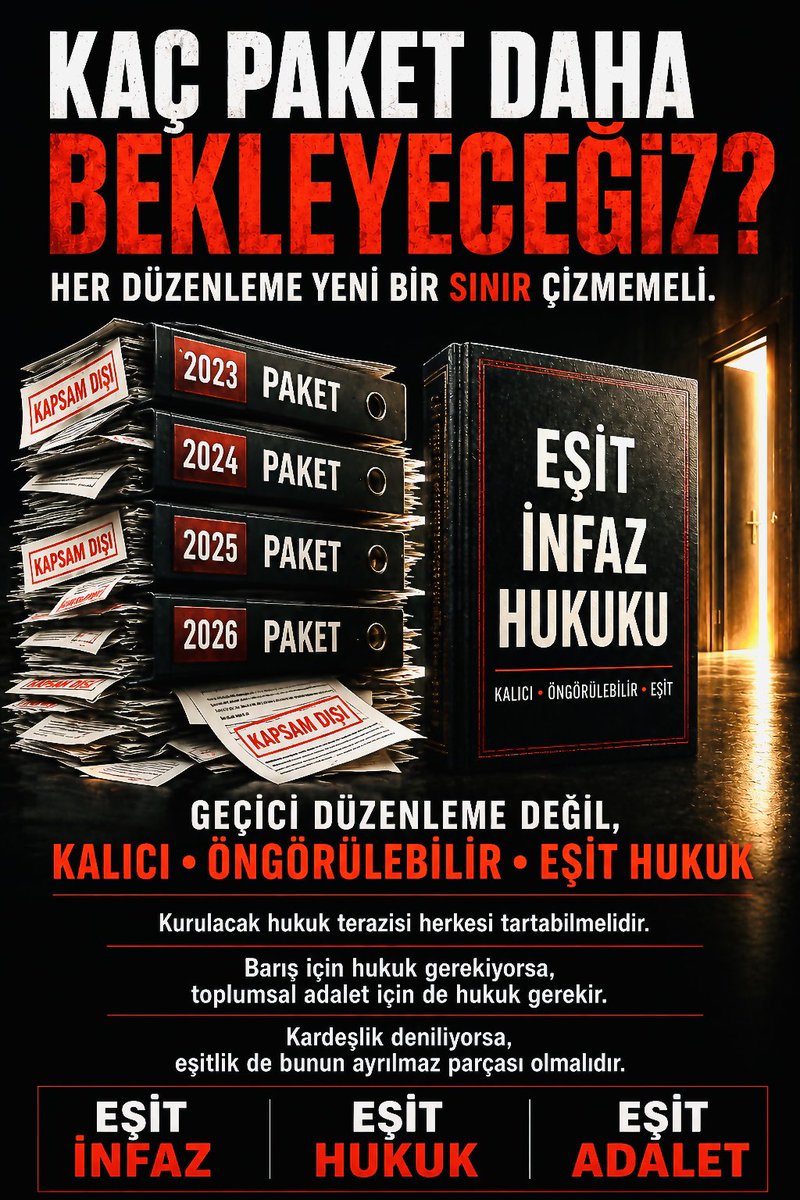 ilknurdm16's tweet photo. 🚩BİZ ARTIK BİR SONRAKİ PAKETİ BEKLEMEK İSTEMİYORUZ!

Yıllardır adli hükümlüler ve aileleri, her yeni yargı paketinde “Acaba bu kez bizi de kapsar mı?” diye bekliyor.

Bir düzenleme geliyor; birileri yararlanıyor, birileri birkaç günle, birkaç ayla, bir tarihle ya da farklı bir kapsamla dışarıda kalıyor. Ardından yeni mağduriyetler ve yeni bir paket beklentisi başlıyor.

Bu döngü artık değişmeli.

Bizim mücadelemiz bundan sonra yalnızca bir sonraki düzenlemeden pay almak için değil; Türkiye’nin kalıcı, öngörülebilir ve eşit bir infaz hukukuna kavuşması için olmalıdır.

Buradan yasa yapıcılara da açıkça sesleniyoruz:

Adli hükümlülerin çok büyük bölümü devlete başkaldırmış, devletin birliğini ve güvenliğini hedef almış insanlar değildir. Suç işlemiş, yargılanmış ve devletin verdiği cezayı çekmektedirler.

Bugün devlete karşı silahlı mücadele yürütmüş kişilerle ilgili dahi barış, kardeşlik ve toplumsal huzur adına hukuki düzenlemeler konuşulabiliyorsa, biz buna karşı çıkmıyoruz.

Ancak aynı devletten şunu istemek en doğal hakkımızdır:

Kurulacak hukuk terazisi herkesi tartabilmelidir.

Barış için hukuk gerekiyorsa, toplumsal adalet için de hukuk gerekir.
Kardeşlik deniliyorsa, eşitlik de bunun ayrılmaz parçası olmalıdır.

Biz ayrıcalık istemiyoruz.
Biz hukuk istiyoruz.
Eşitlik istiyoruz.
Öngörülebilir bir infaz sistemi istiyoruz.

Bir sonraki paketi bekleyen mahkum yakınları olarak değil, herkes için eşit hukuk isteyen vatandaşlar olarak sesleniyoruz:

Kişiye, tarihe veya döneme göre değişen geçici çözümler değil; kalıcı ve eşit bir infaz hukuku istiyoruz.

Çünkü adalet, yalnızca bir kesime hak tanımak değil; benzer hukuki durumda olanlara aynı hukuk terazisiyle bakabilmektir.

🇹🇷EŞİT İNFAZ, 
🇹🇷EŞİT HUKUK , 
🇹🇷EŞİT ADALET

@RTErdogan @dbdevletbahceli @_cevdetyilmaz @adalet_bakanlik @cuneytyuksel_ @abakingurlek @tcbestepe @TCCBHPK @Hayati_Yazici @MehmetTuncak @AvOrhanKIRCALI @avsengulk @salihcora @omerserdarcomtr @avmevlutkurt @mehmetyksktepe @KmlttinYlmztkn @Fatihciftcivan @Cemduranuzun @abakingurlek @mustafa_yavuz16 @Akparti @MHP_Bilgi @YildizFeti @adalet_bakanlik @ceyhanburakab @avsedatayyldz @AbdullhAydgdu