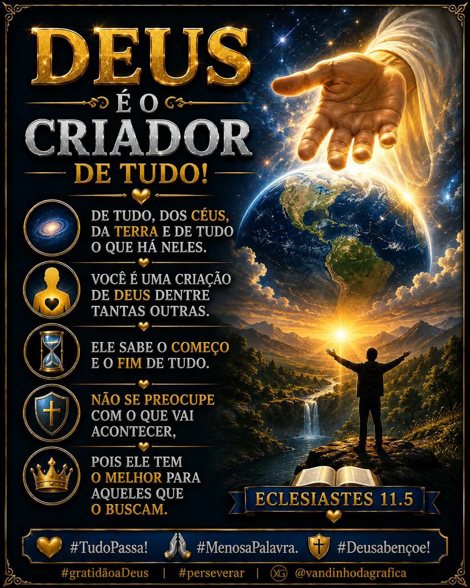 vandinhodgrj's tweet photo. Eclesiastes 11

5 Assim como tu não sabes qual o caminho do vento, nem como se formam os ossos no ventre da que está grávida, assim também não sabes as obras de Deus, que faz todas as coisas. #TudoPassa!#MenosaPalavra.

#Deusabençoe!

#vandinhodagrafica
#gratidãoaDeus
#perseverar https://t.co/Fce2Cv1ECT