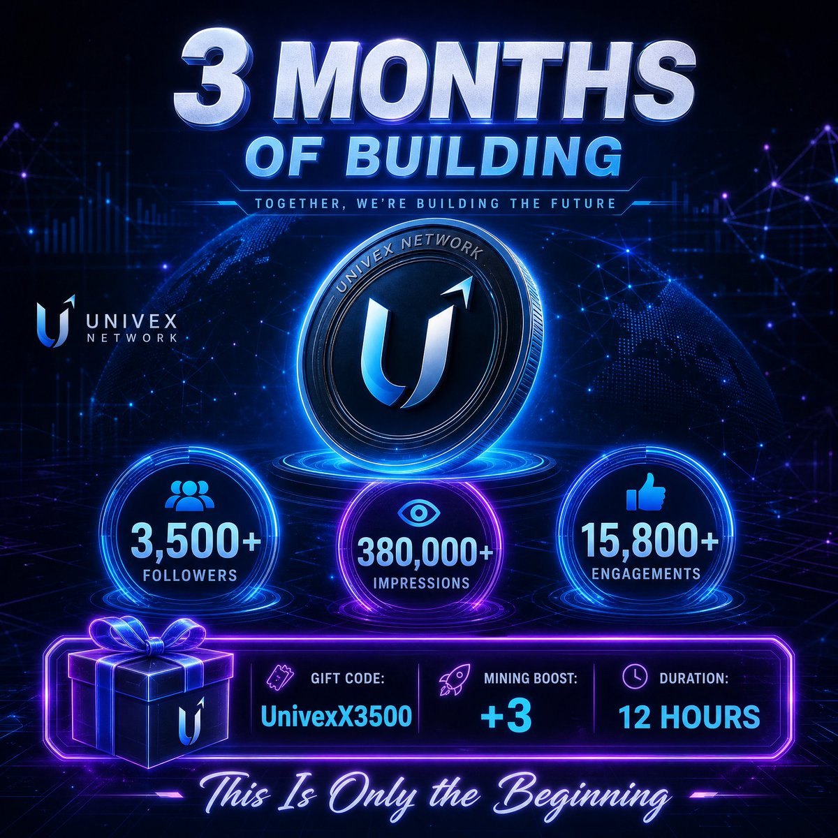 Univex_India's tweet photo. 🎉 3 Months, 3,500+ Followers &amp; Major Web3 Milestones! Univex Network Celebrates Organic Community Growth with a Special Gift Code. Unlock Your +3 Mining Speed Boost for 12 Hours &amp; Explore What’s Next for Our Global Ecosystem. Thank You All! 🚀. 

 code  tokajikurariri

#Univex https://t.co/ps4M7Nzch3