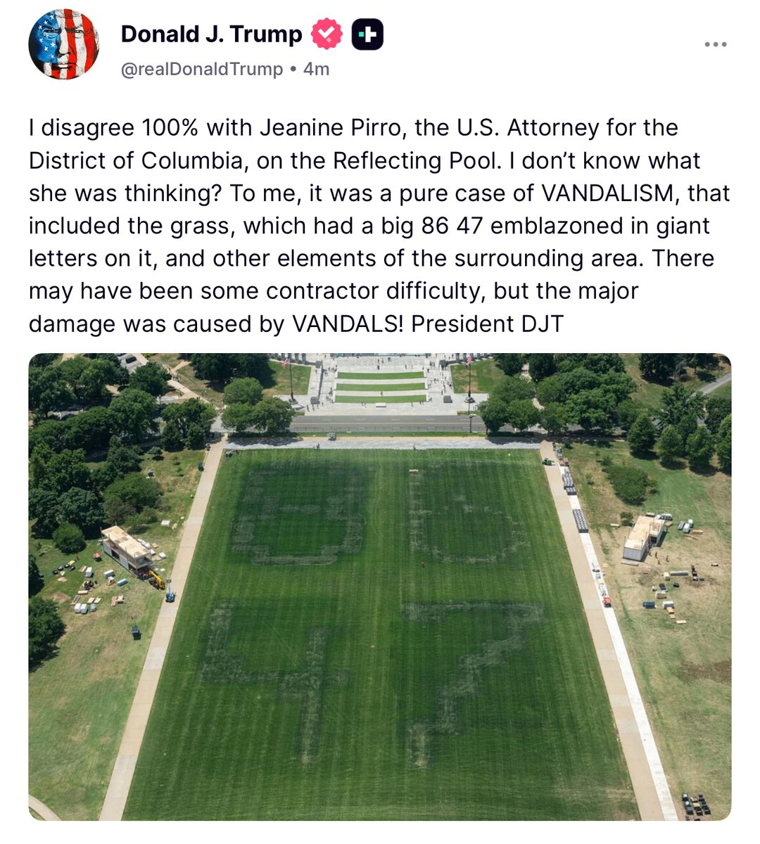 JustNowNews_'s tweet photo. Trump Rips Into Jeanine Pirro, Rejects Her Explanation for Reflecting Pool Damage https://t.co/PCZ1fJAqUB